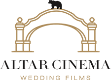 Logo for Altar Cinema Wedding Films with a decorative arch and the text