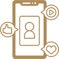 Icon of a smartphone with a person silhouette, a plus sign, a checkmark, and a heart, representing social or personal app features.