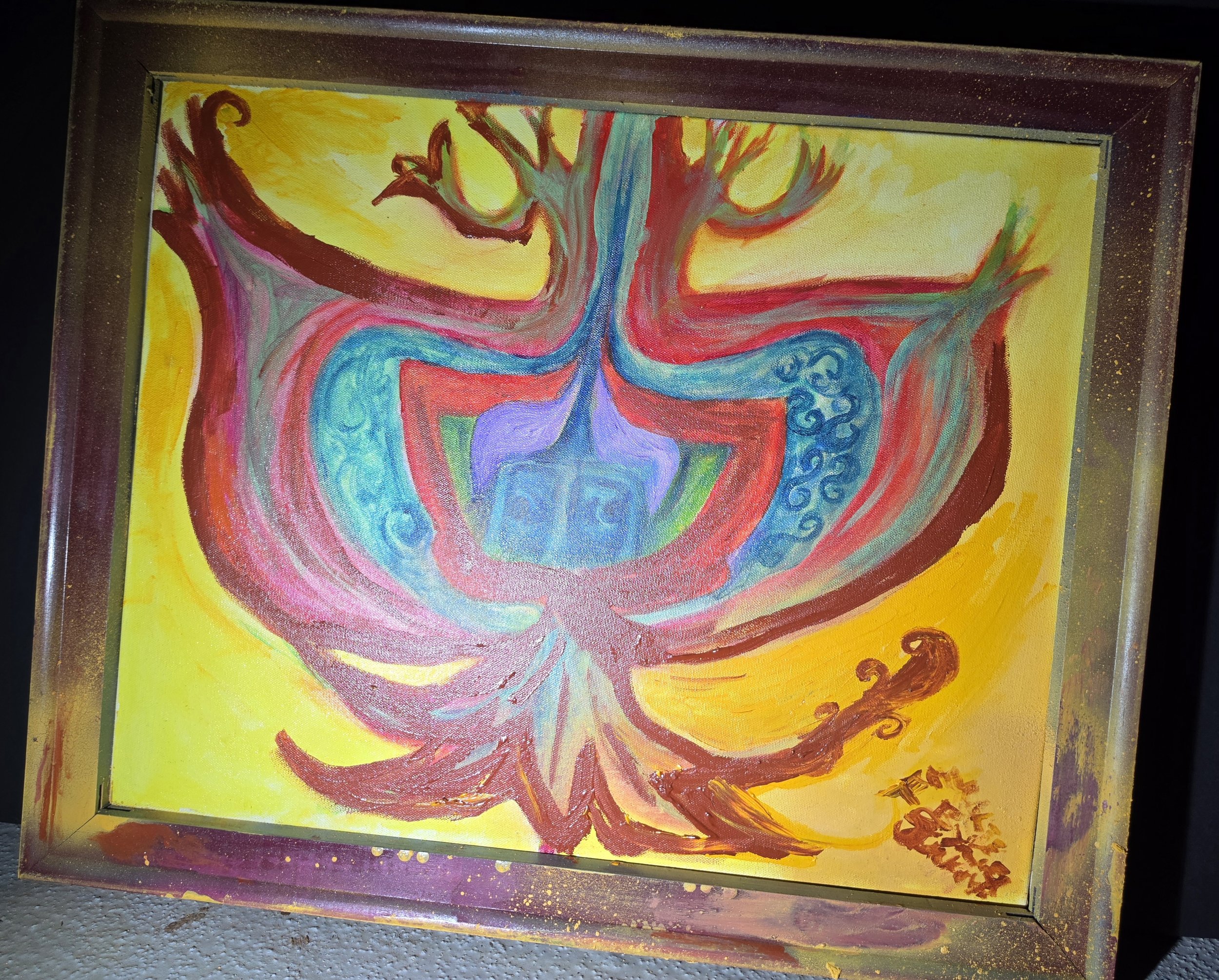 "In the Heart Cave" Hand-painted, hand-made, and painted wood frame. Acrylics on canvas. Secret second painting is beneath, covered with canvas. 19” length by 23” wide. Price available upon request. Tamara L.  Byrnes, copyright protected, 2026. Tamar