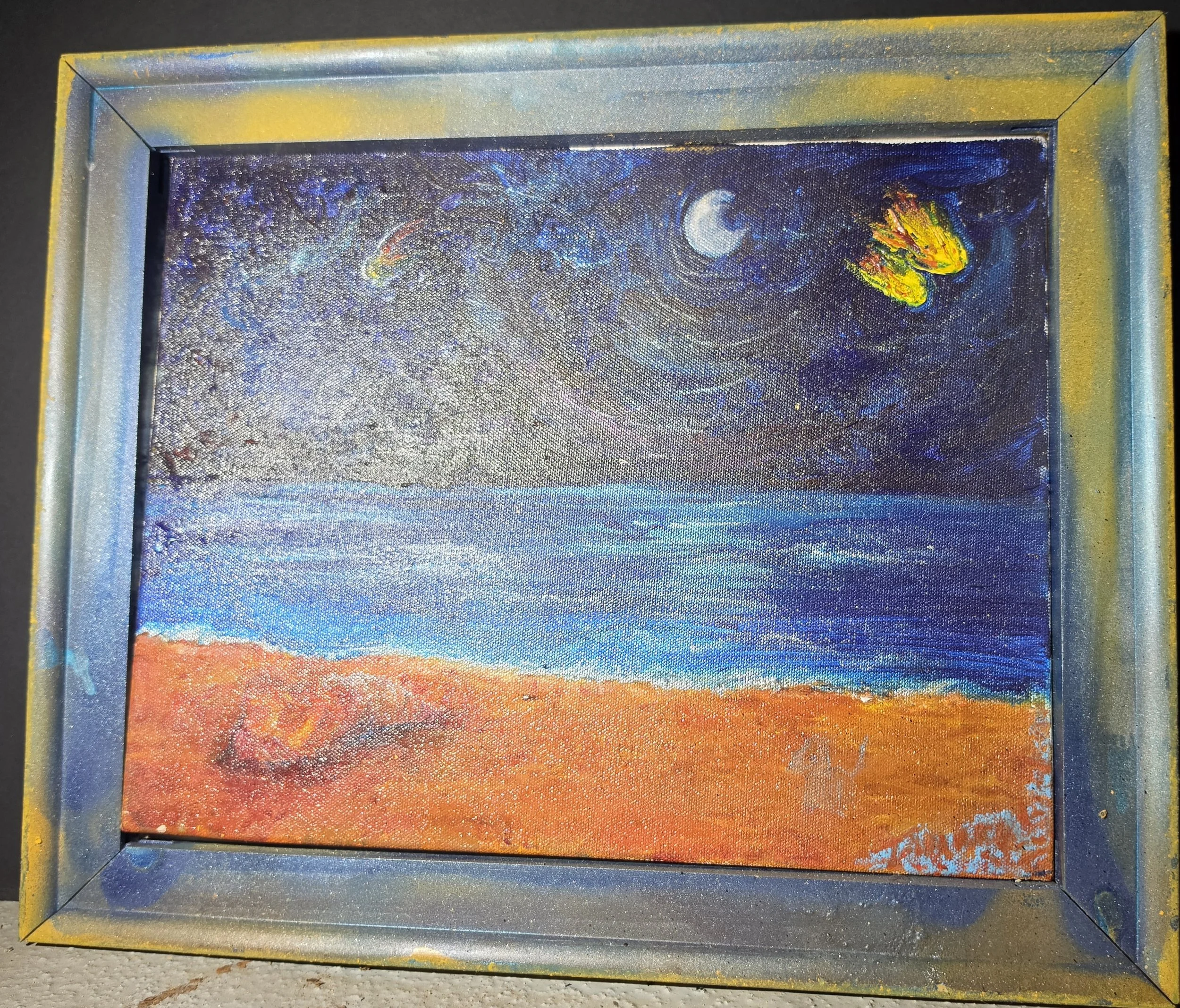 "Stars That Confound Lost Ships At Sea". Hand-painted, hand-made, and painted wood frame. Oil paint, acrylics, on canvas. Price available upon request. 14” length by 17” height. Tamara L. Byrnes, copyright protected, 2026. Tamara L. Byrnes retains al