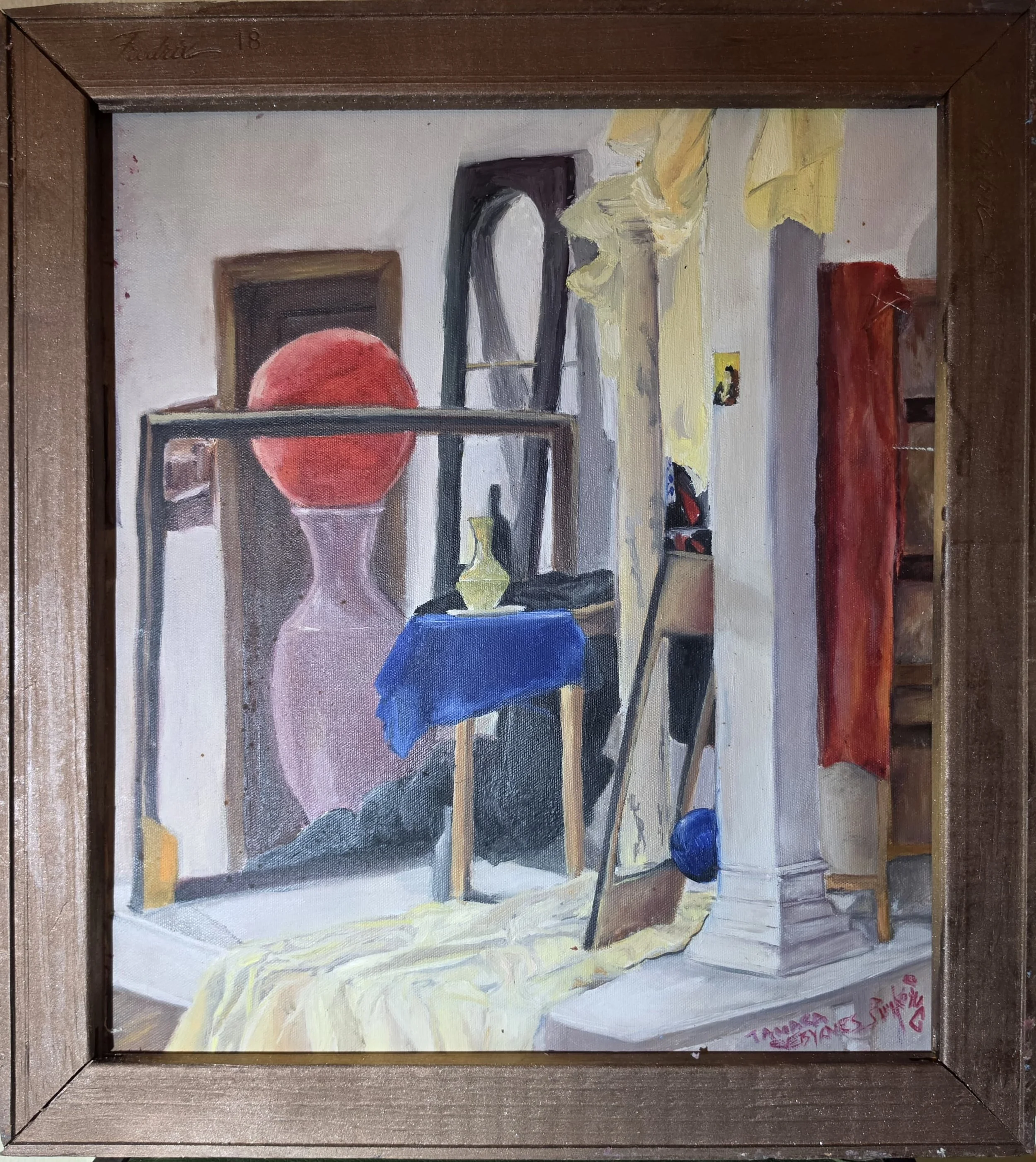 "Still Life With A Red Ball" Hand-painted, hand-made, and painted wood frame. Acrylics on canvas. 20'“ length by 18” height.  Painting on the back matting. Price available upon request. Tamara L. Eve Byrnes, copyright protected, 2026.  Tamara L. Byrn
