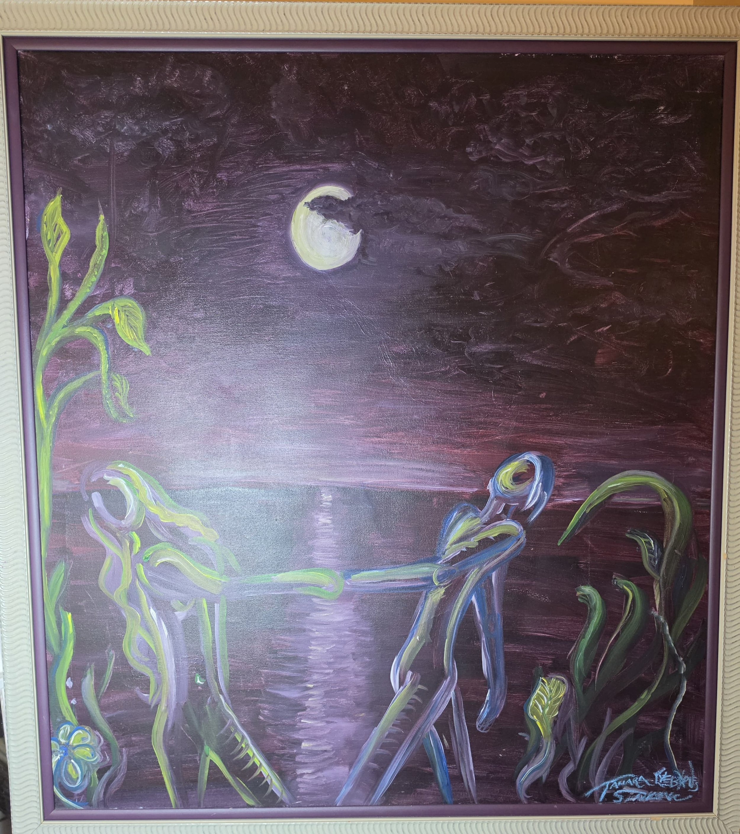 "Premonition". Hand-painted, hand-made, and painted double, inlaid, wood frame. Oil paint on canvas. 40” wide and 42” height. Price available upon request. Tamara L.  Byrnes, copyright protected, 2026. Tamara L. Byrnes retains all copyright ownership