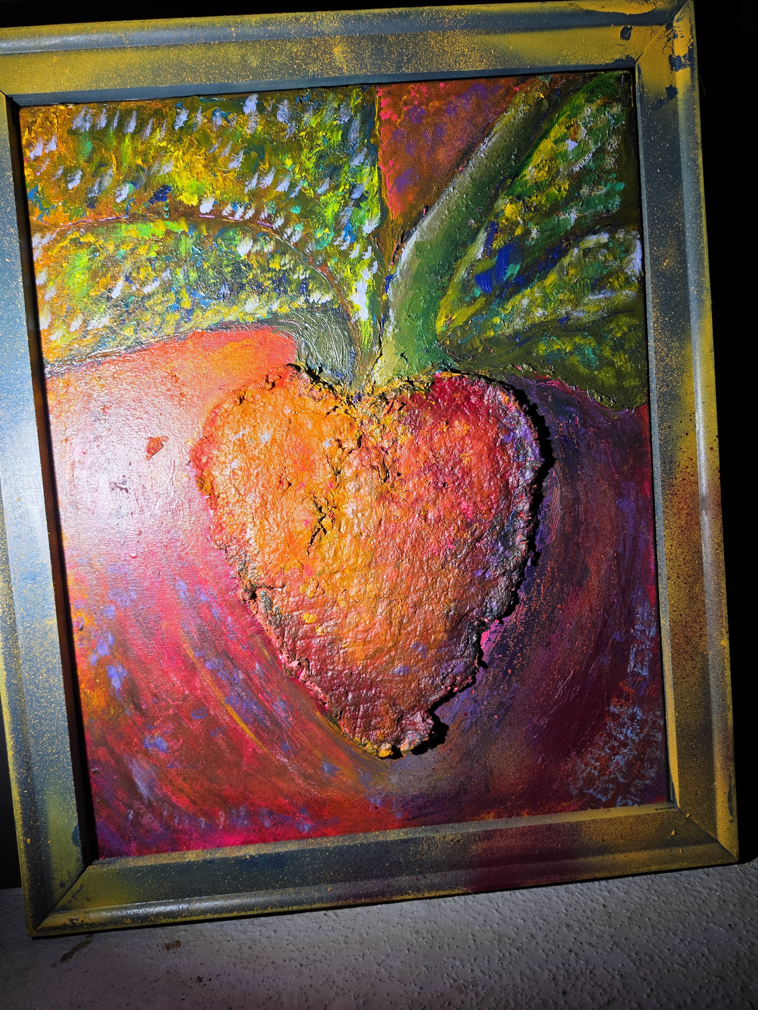 "The Lazarus Effect" Hand-painted, hand-made, and painted wood frame. Oil paint and rose petals, on canvas. Price available upon request. 23” length and 19“ height. Tamara L.  Byrnes, copyright protected, 2026. Tamara L. Byrnes retains all copyright 
