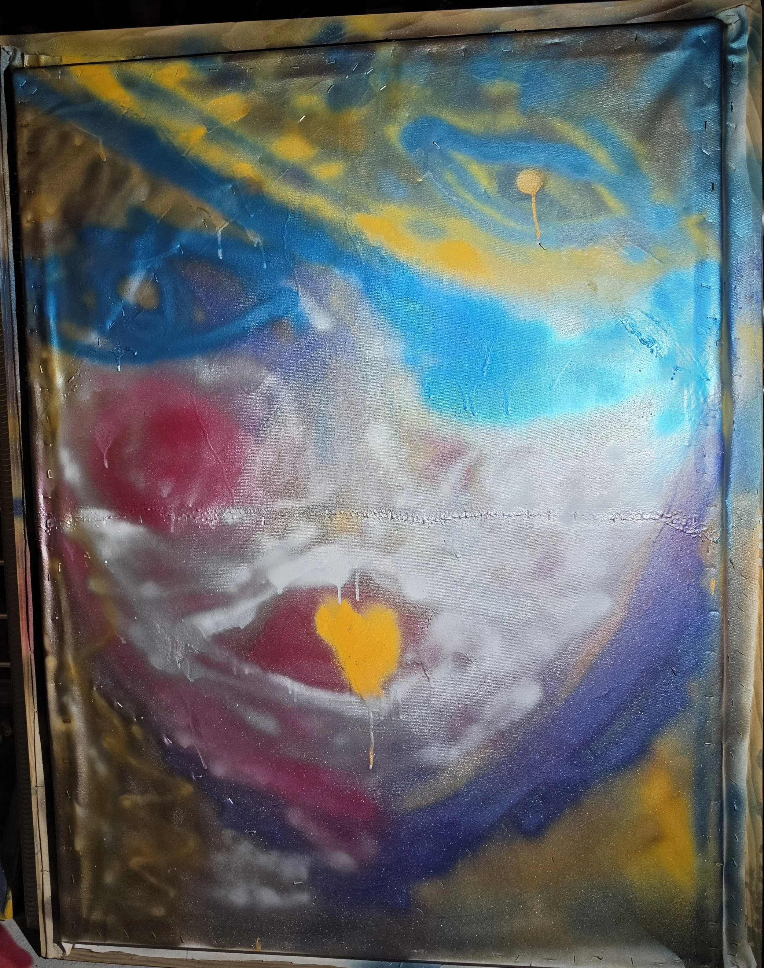 Back side of "Philosophers Gettin Down By Fibonacci Peacocks By the Sea", a double-sided. hand-painted, hand-made, and painted wood frame. Oil paint, rose petals, acrylics, on canvas.  39” wide and 52” height. Back is spray-painted. Price available u