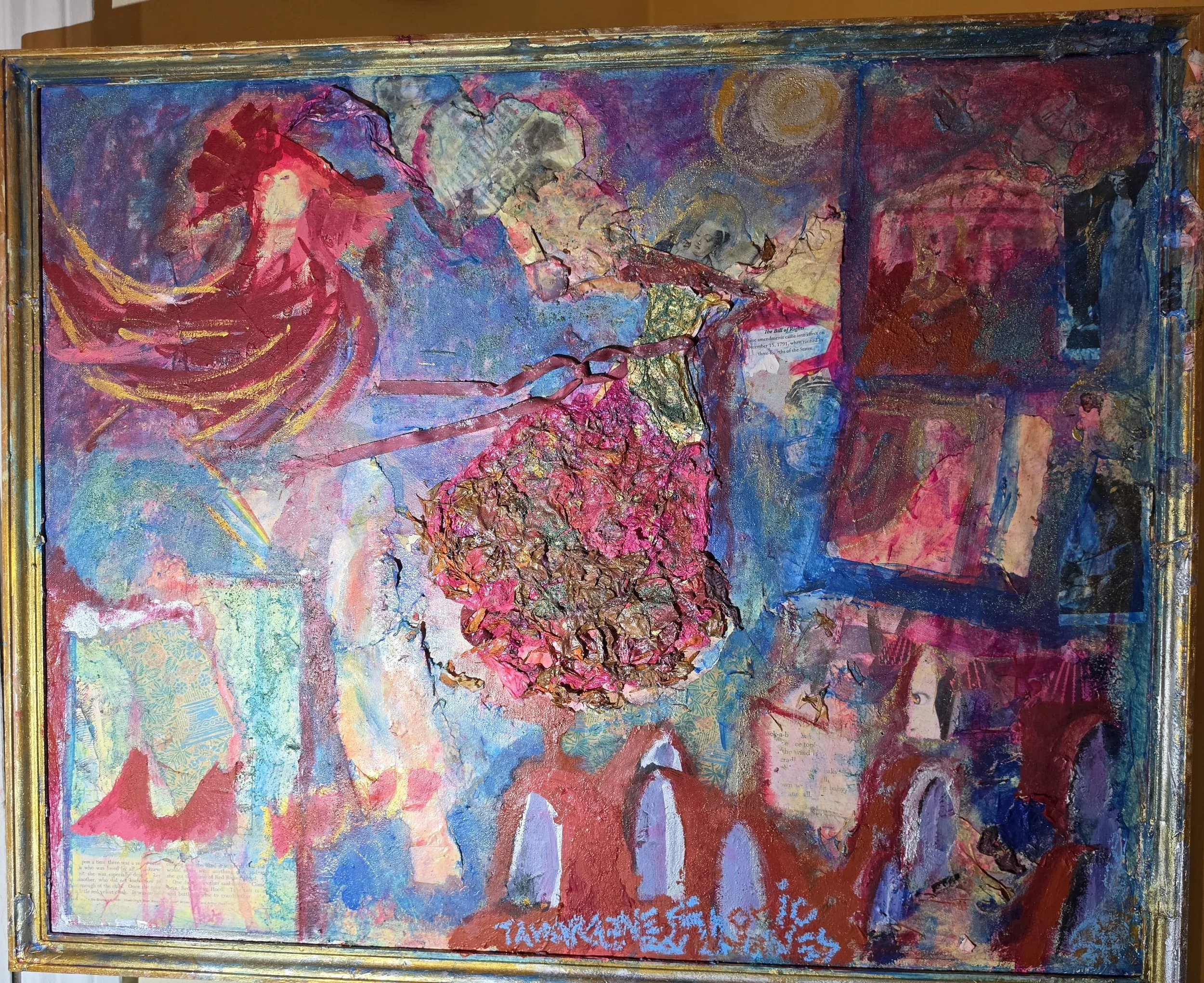 "Mary, Mary, Quite Contrary" Hand-painted, hand-made, and painted wood frame. Oil paint, rose petals, mixed media, on canvas with backing. Price available upon request. 25.25” length by 31.25” height. Tamara L. Byrnes, copyright protected, 2026. Tama
