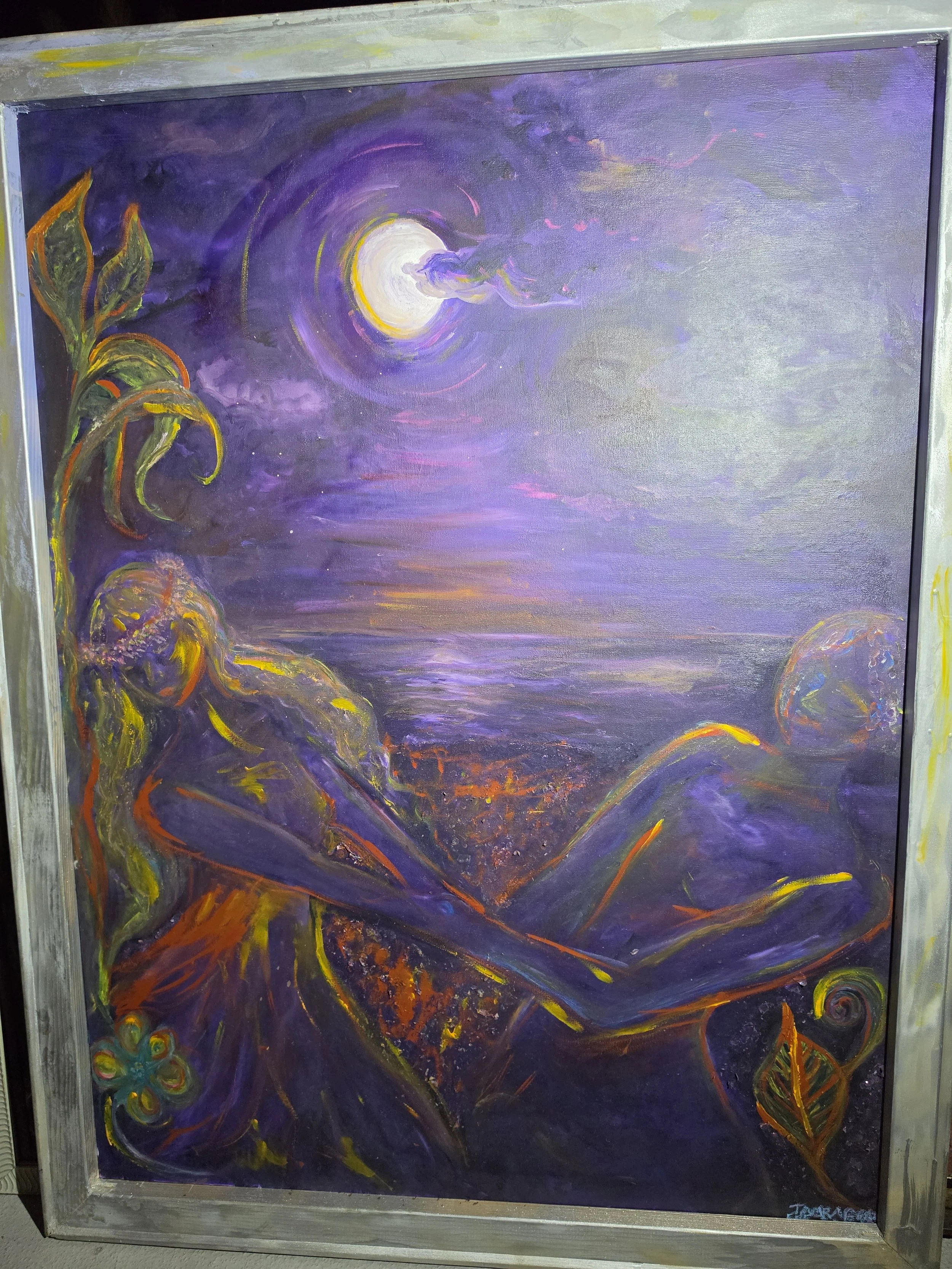 "Philosophers Gettin Down By Fibonacci Peacocks By the Sea" Double sided. Hand-painted, hand-made, and painted wood frame. Oil paint, rose petals, acrylics, on canvas.  39” wide and 52” height. Back is spray-painted. Price available upon request. Tam