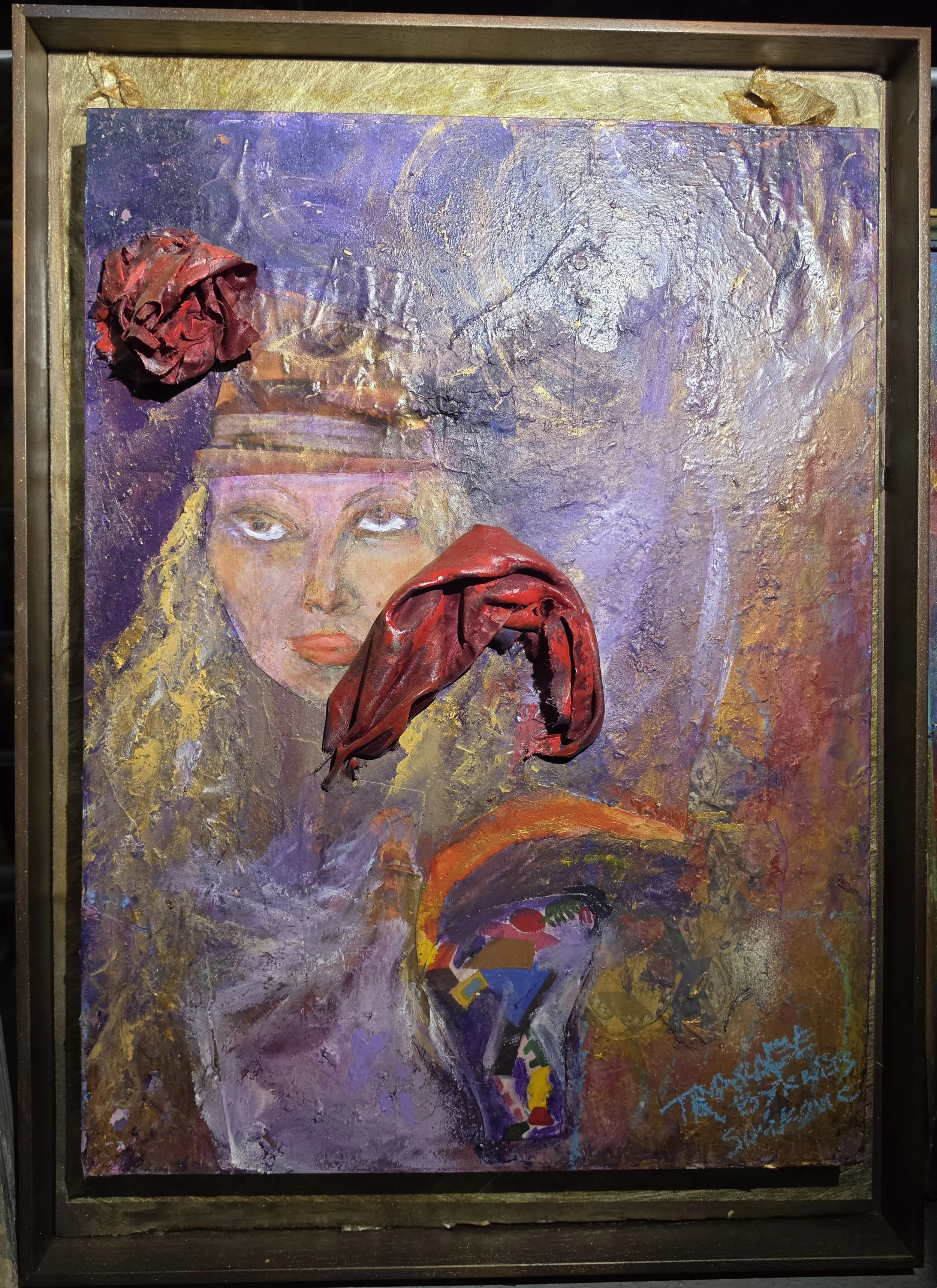 "Self Portrait of the Reemerging Painter" Oil painted with silk, rose, and scarf.  Recessed walnut wooden frame with matting. Oil paint, silk, acrylics, and mixed media (artist’s own) on canvas. 29” wide and 21” height. Price available upon request. 