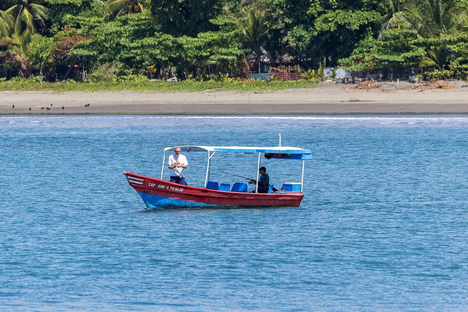 A small red and blue boat with two people on board, one standing and one sitting, on calm blue water near a sandy beach with green trees.