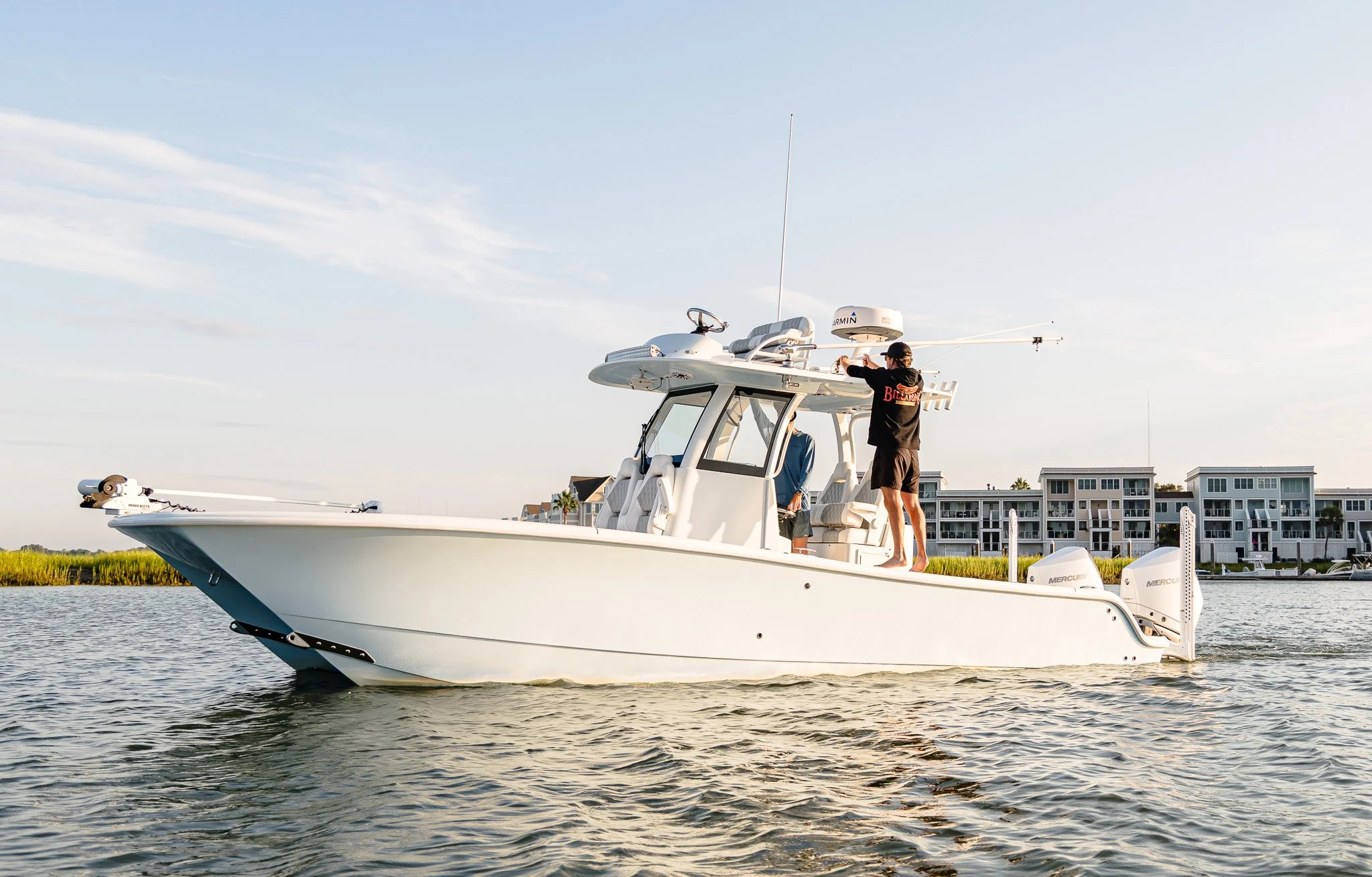 28-foot Freeman center console offshore fishing boat on the water.