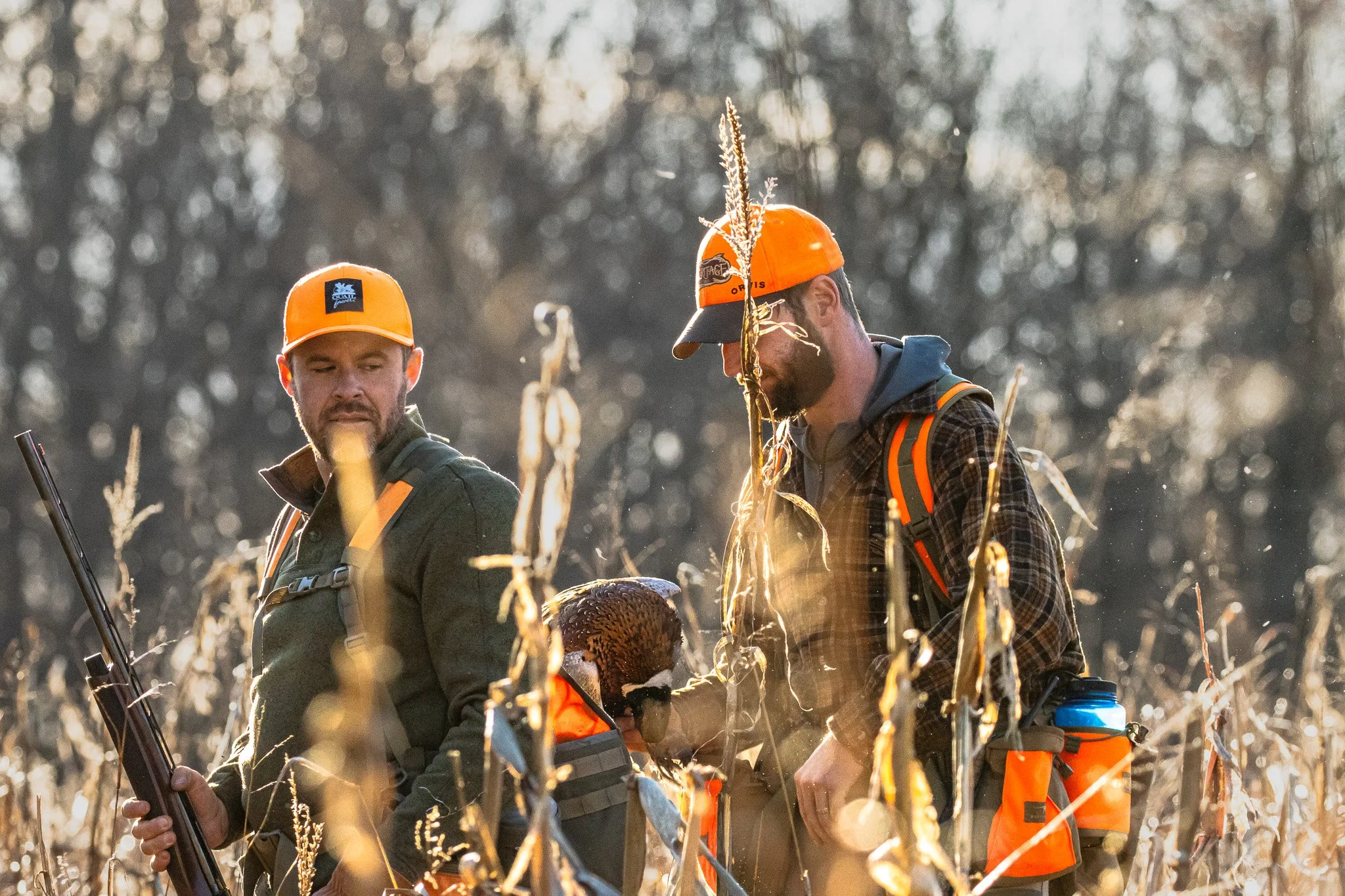 Two men wearing orange hunting caps and outdoor gear in a field of tall, dry grass with trees in the background. One man is holding a shotgun, and both are looking down at a turkey they have hunted.