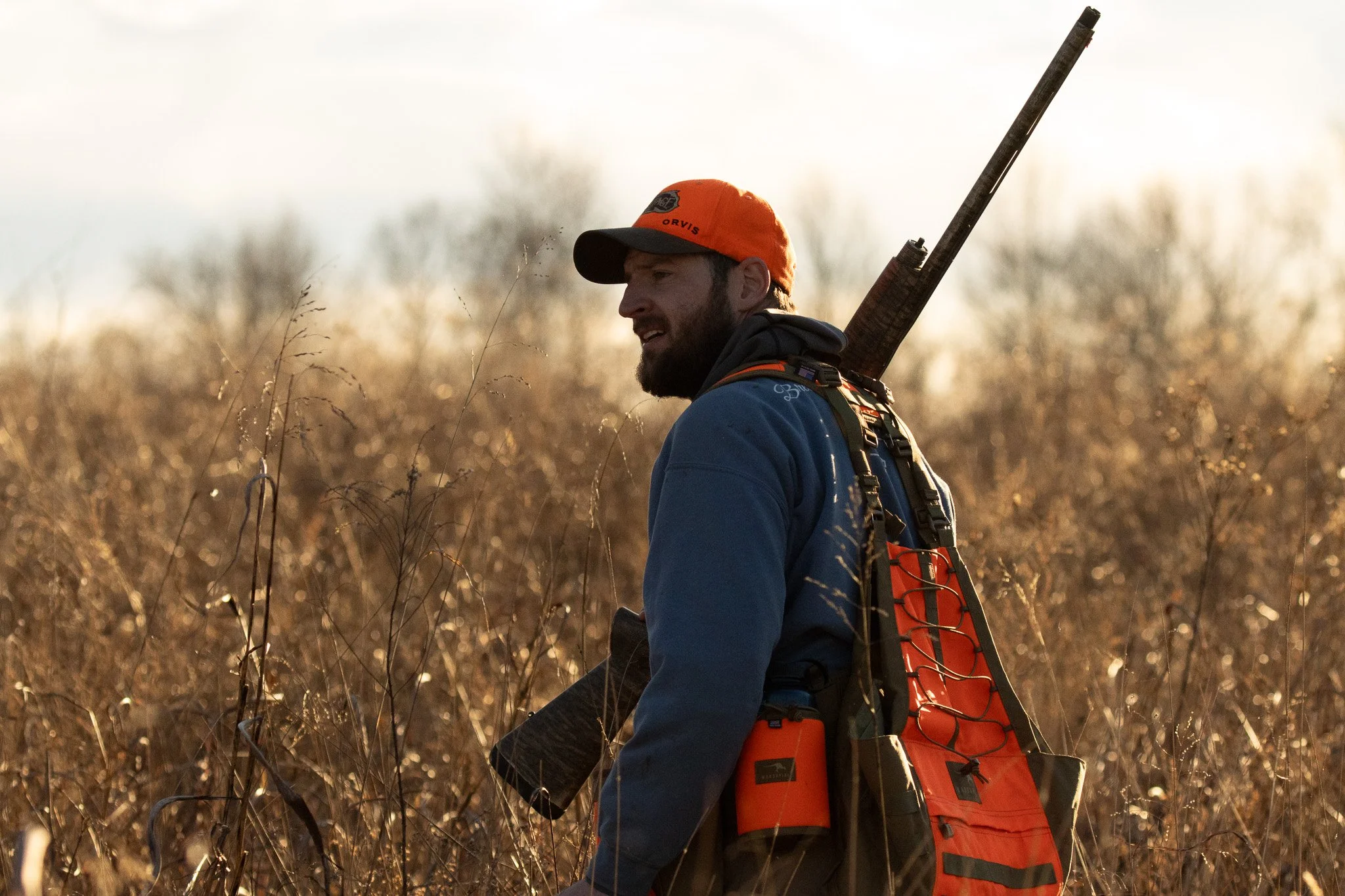 A man wearing an orange cap, blue jacket, and an orange vest with a black strap, carrying a rifle on his back, walking through tall dry grass during sunset.