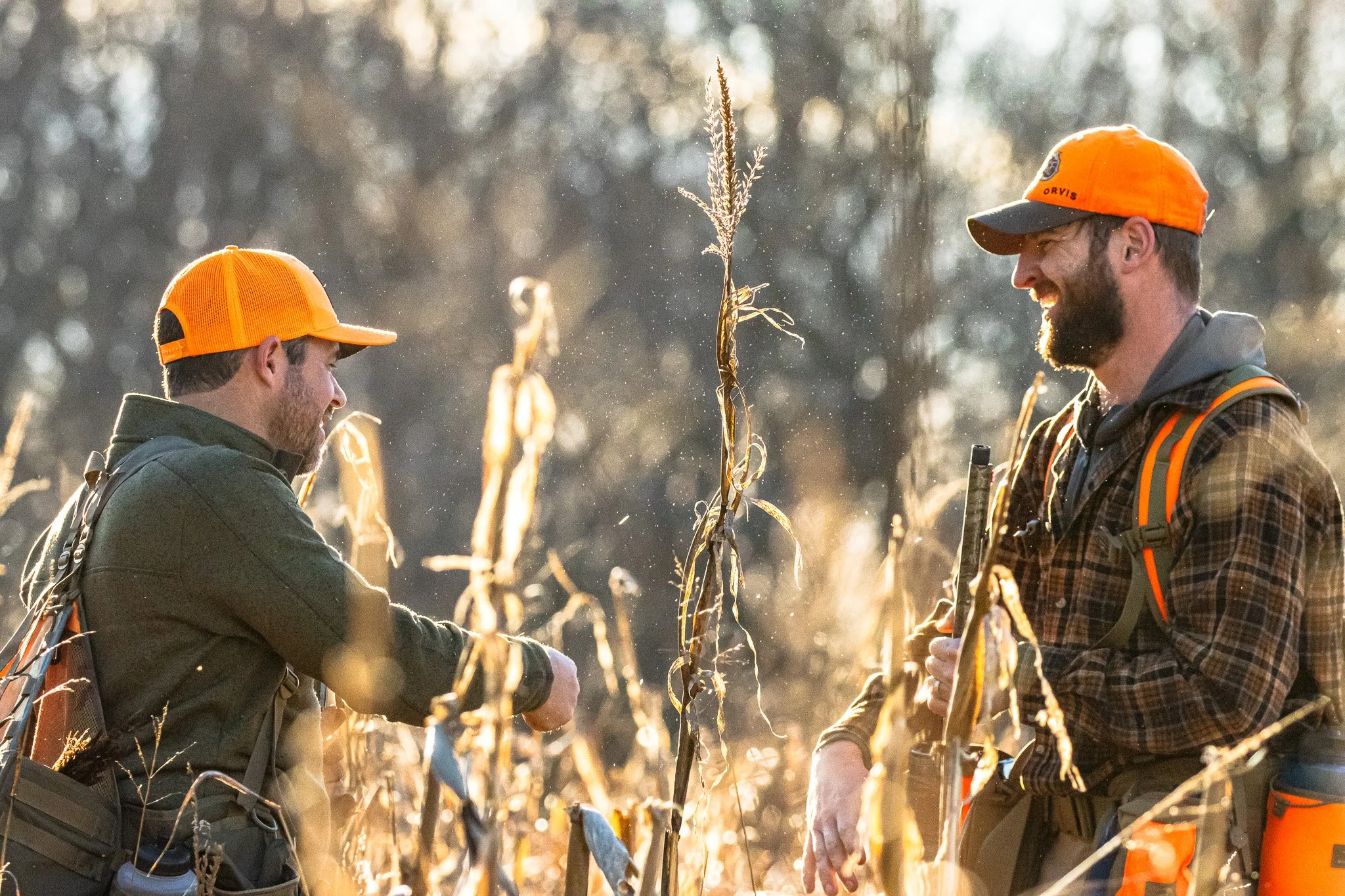 Two men, wearing orange hats and outdoor gear, are standing in a field of tall, dried plants. They are smiling and shaking hands in the sunlight.