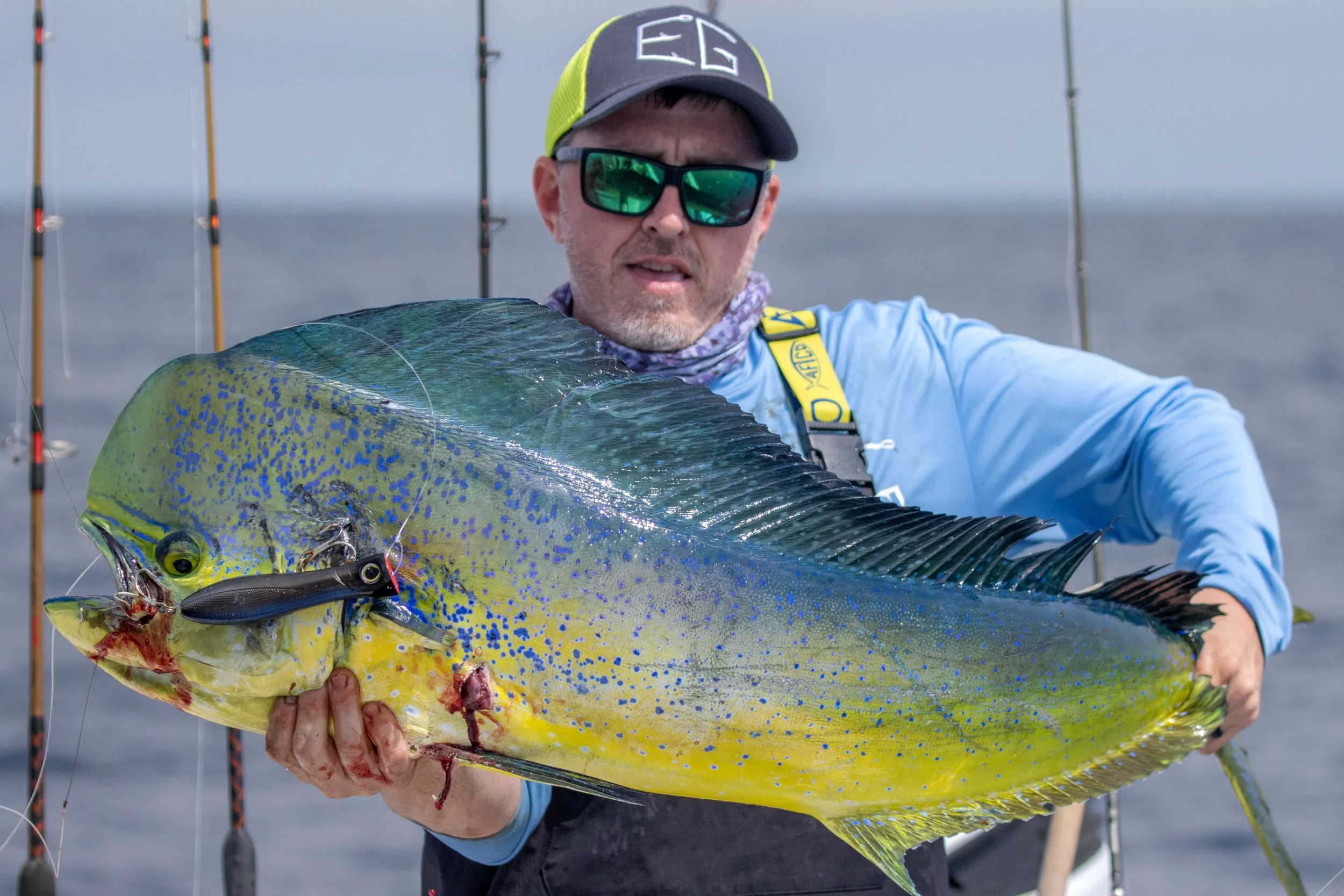 A man in sunglasses and a cap is holding a large, colorful fish with yellow and blue spots. The background shows fishing rods and a body of water.
