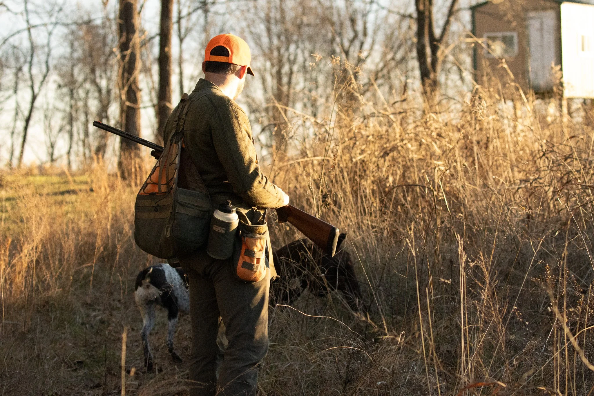 A person wearing a yellow cap and outdoor gear, hunting with a rifle, accompanied by a dog, in a wooded area during sunset.