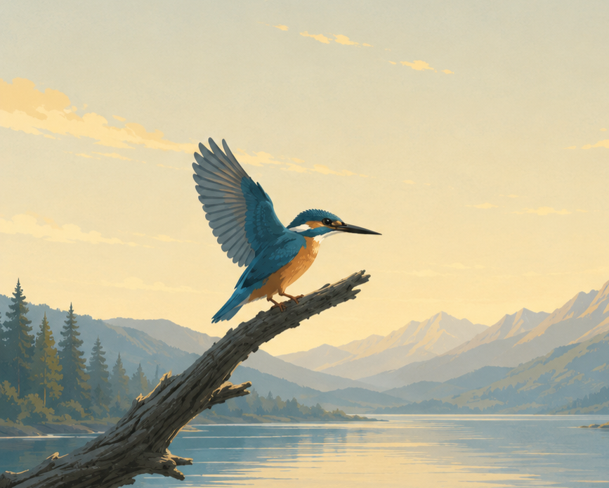 A blue and orange kingfisher bird perched on a branch with wings partially spread, overlooking a calm lake with mountains and trees in the background during sunset.
