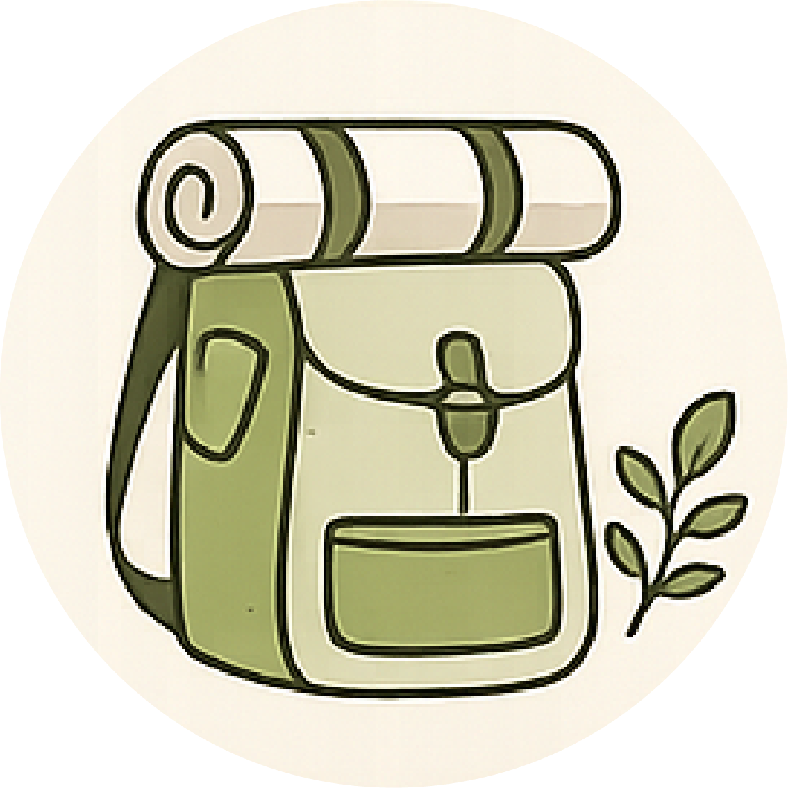 Stylized illustration of a hiking backpack with rolled sleeping pad, water bottle, and a small plant beside it.