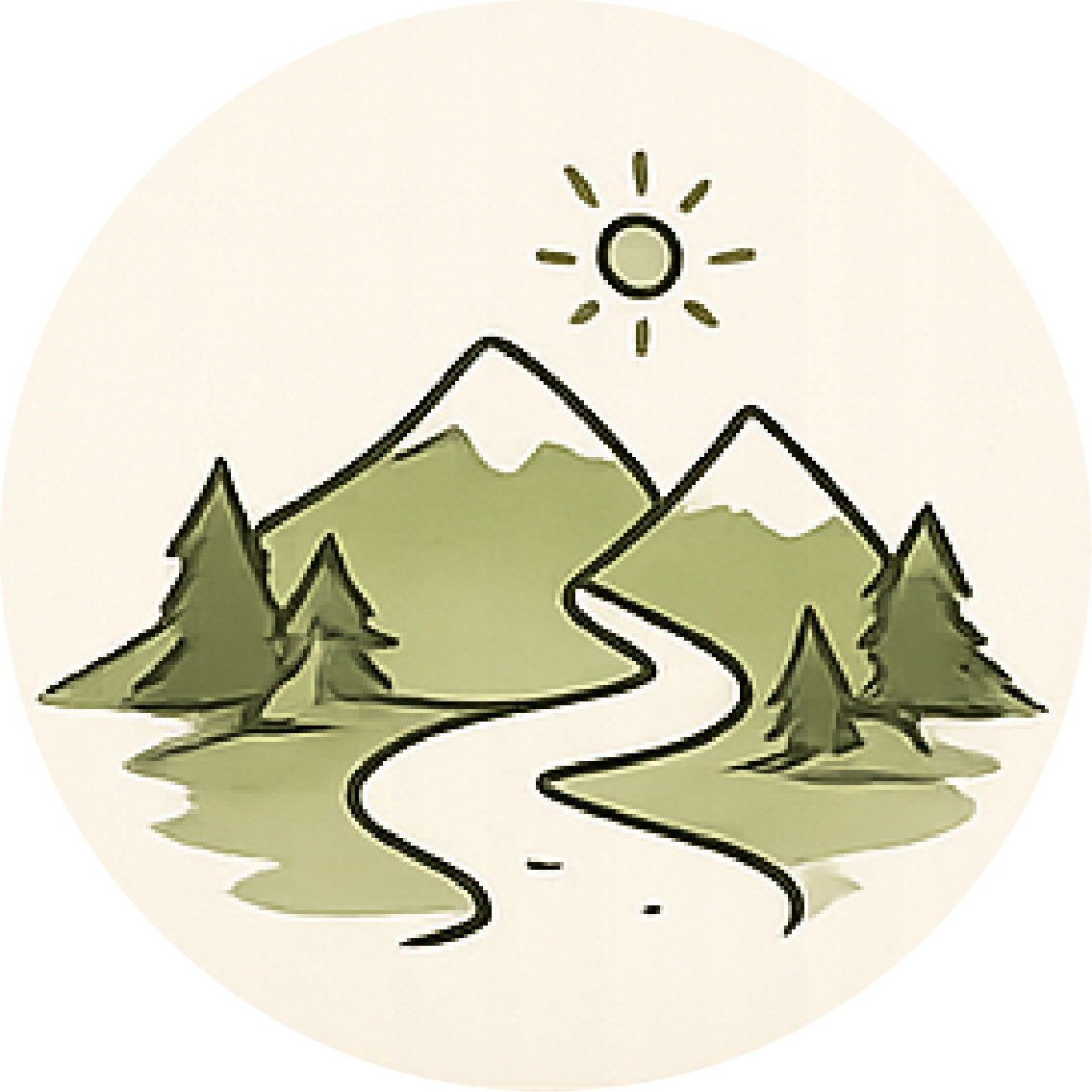 A simple drawing of mountains, pine trees, a river, and a sun in the sky.
