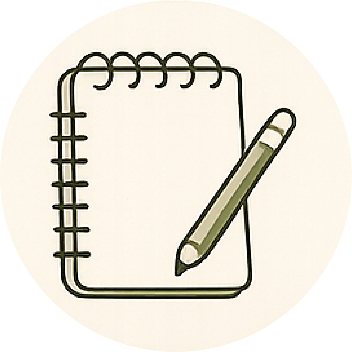 Outline drawing of a notepad with a spiral binding and a pencil resting against it.