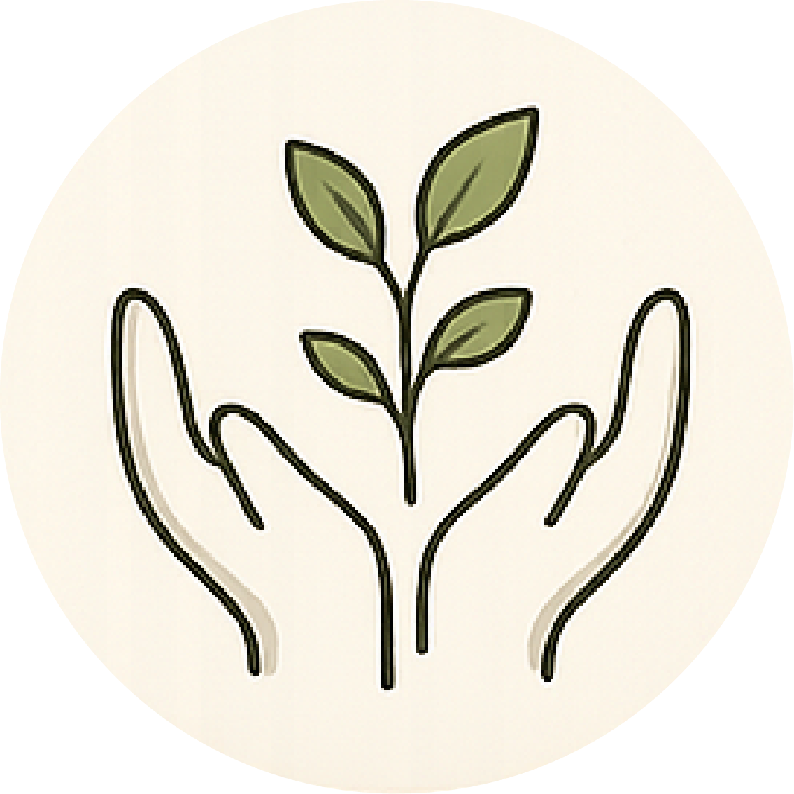 Two hands forming a supportive shape around a small plant with three green leaves, symbolizing care for growth or environment.