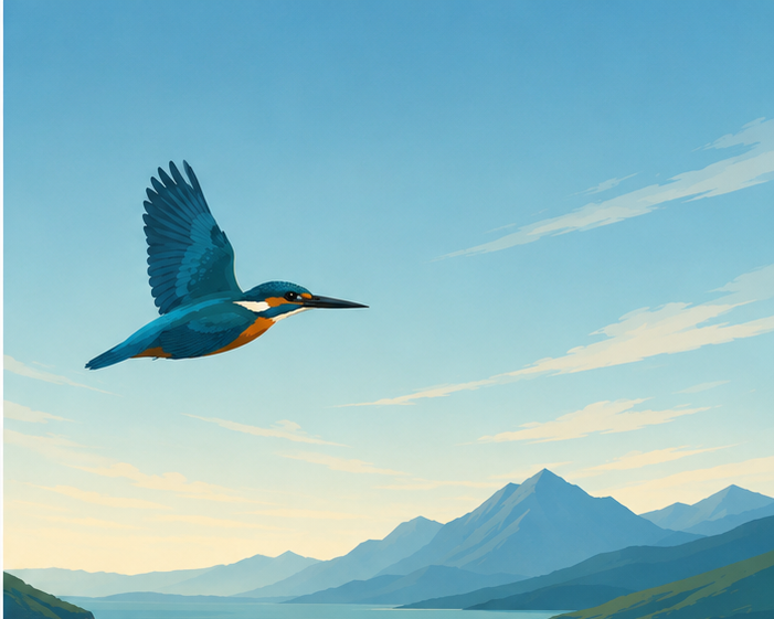 Digital illustration of a kingfisher bird flying in front of a mountain landscape with a blue sky and some clouds.