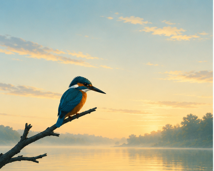 A kingfisher bird perched on a branch overlooking a misty lake at sunset.