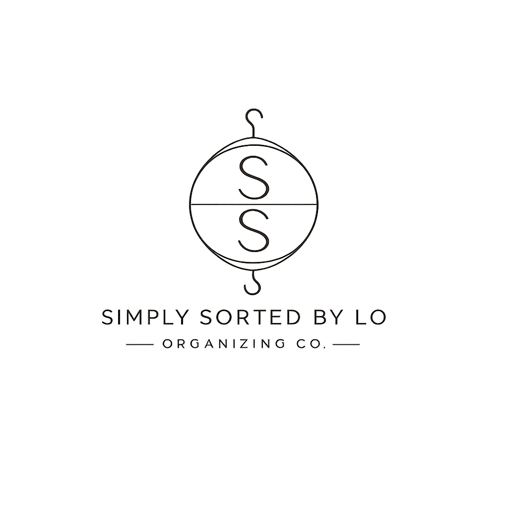 Logo for Simply Sorted by Lo Organizing Co. featuring a stylized illustration of a globe with dollar signs inside and the company name beneath.