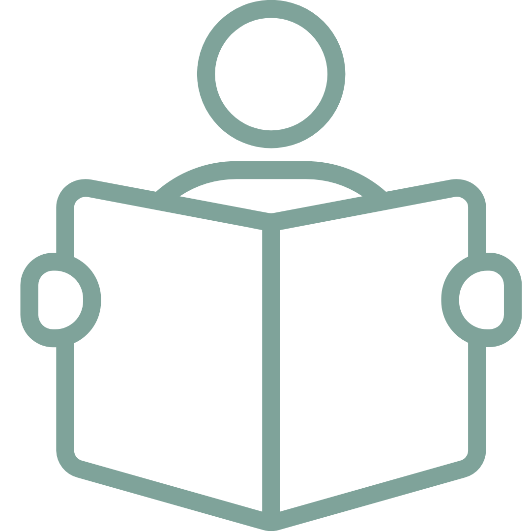 Outline icon of a person reading a book.