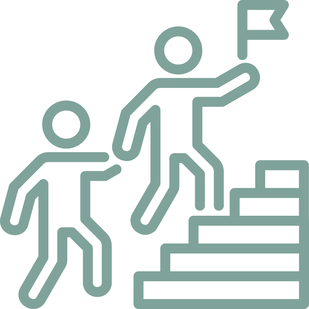 Simple line drawing of one person helping another person climb stairs with a flag at the top.