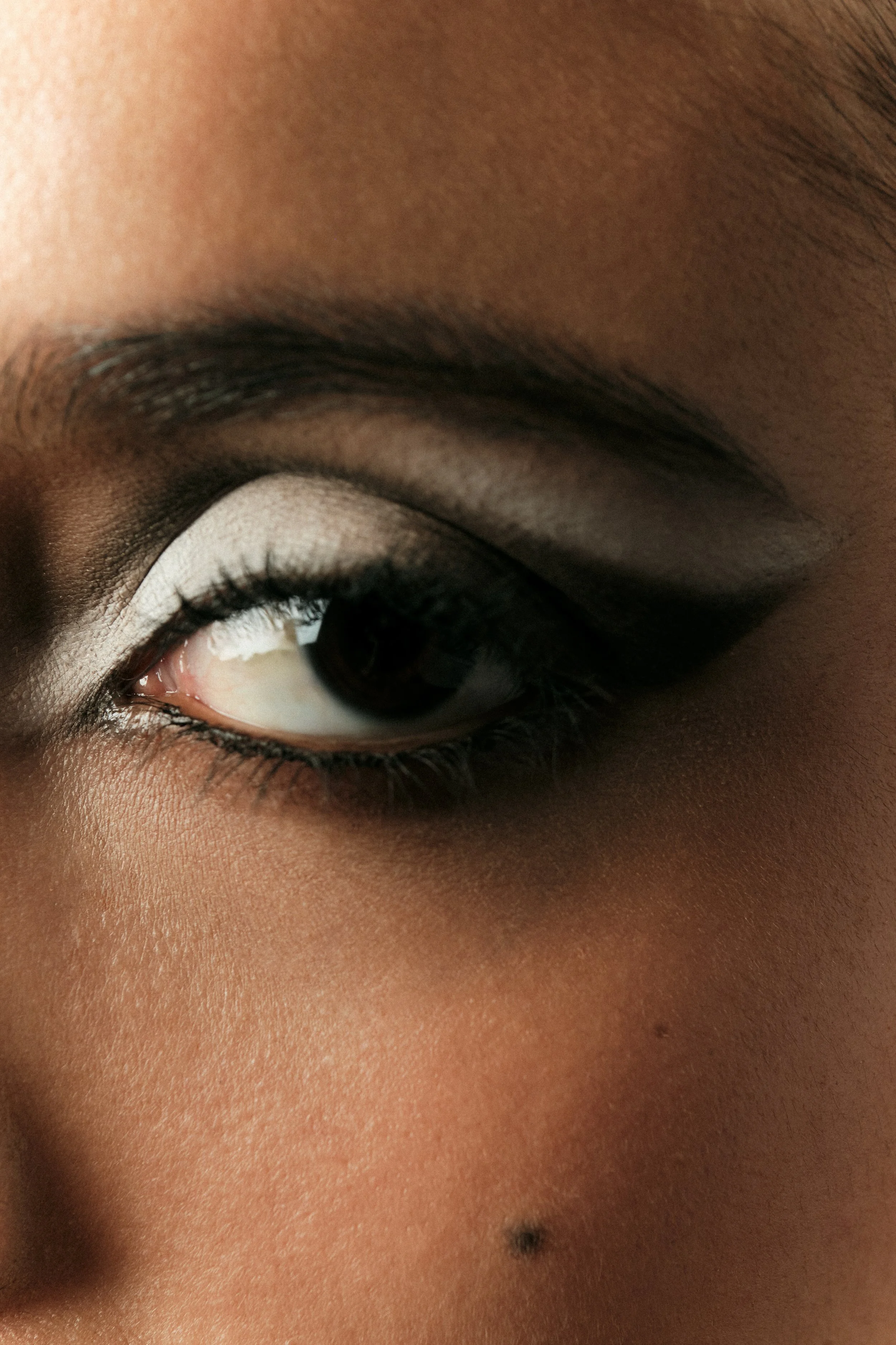 Primer plano del ojo de una persona con maquillaje de ojos en tonos oscuros y claros.