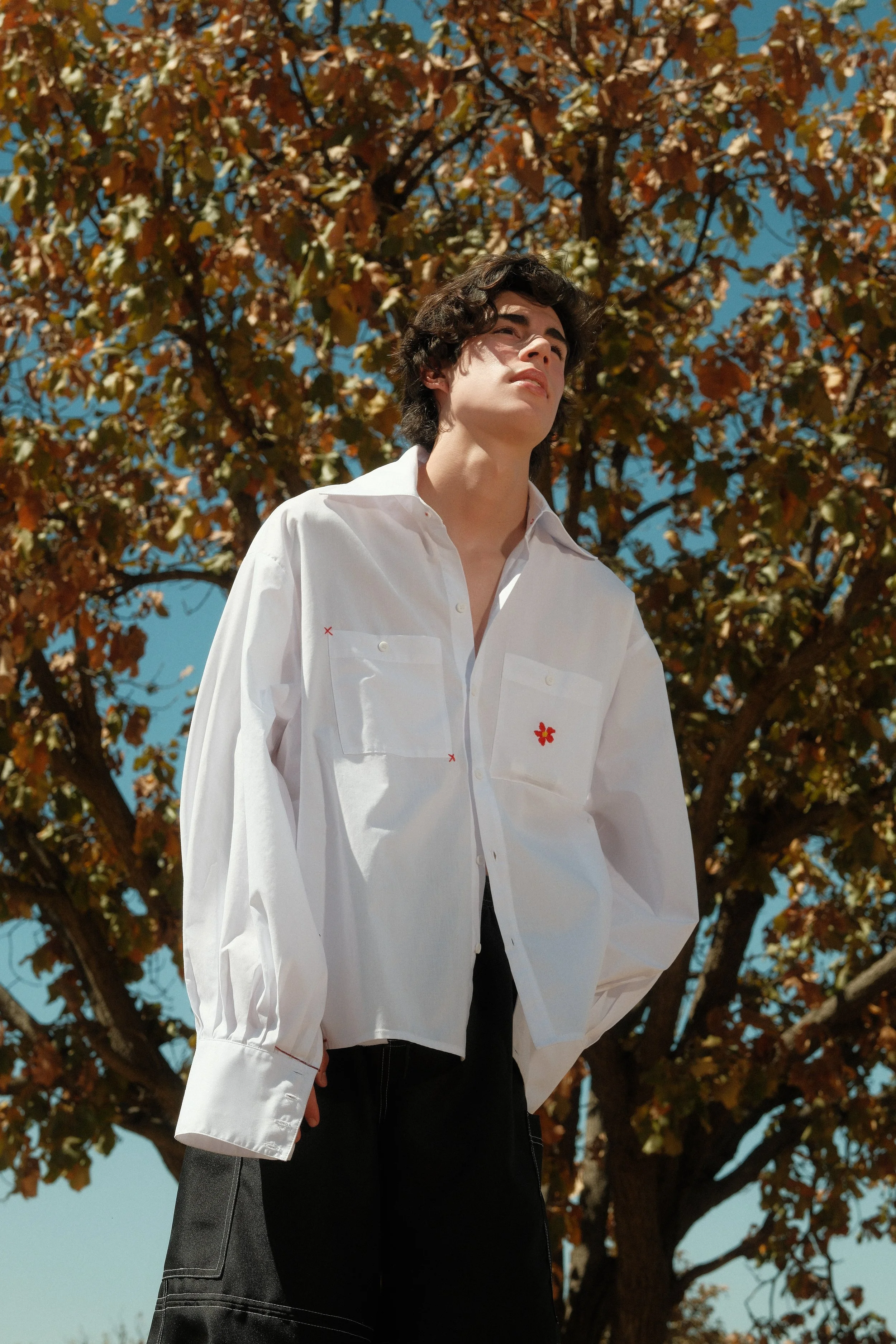 Joven con cabello oscuro y rizado, vistiendo una camisa blanca con bolsillos y una flor en uno de ellos, de pie al aire libre frente a un árbol con hojas en tonos otoñales, bajo un cielo azul.