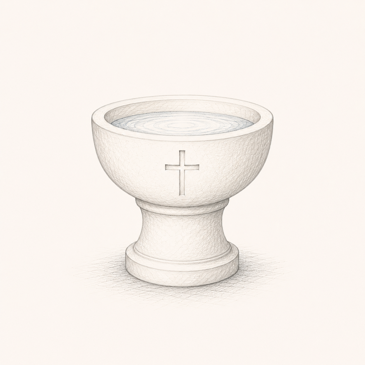 Sketch of a chalice with a cross symbol on it, filled with water.