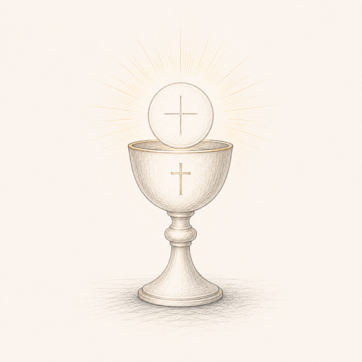 A religious illustration of a chalice and host, with a cross on both, surrounded by radiant lines.