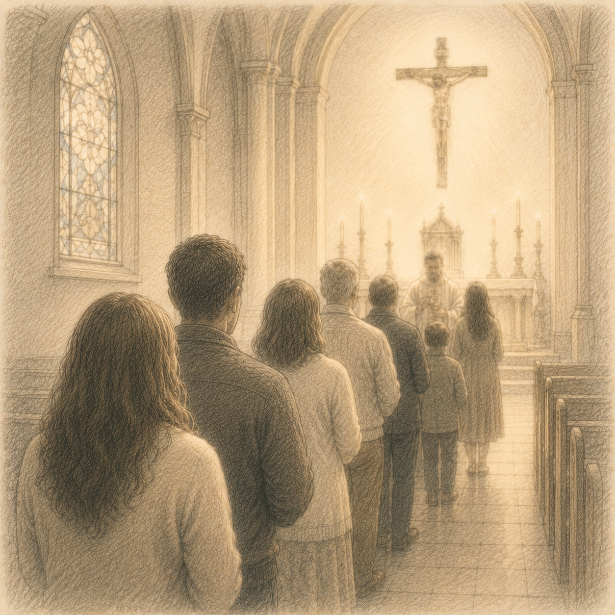 A line of people standing in a church, praying or attending a religious service, with an altar and cross at the front, stained glass windows, and candles.