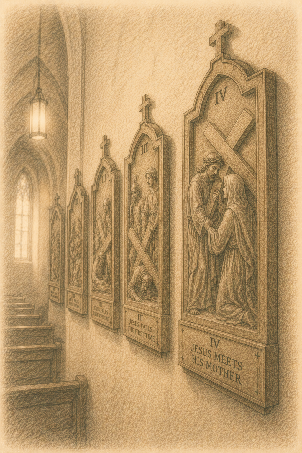 Interior of a church with a series of religious stained glass windows depicting scenes from the Stations of the Cross, including Jesus meeting his mother.