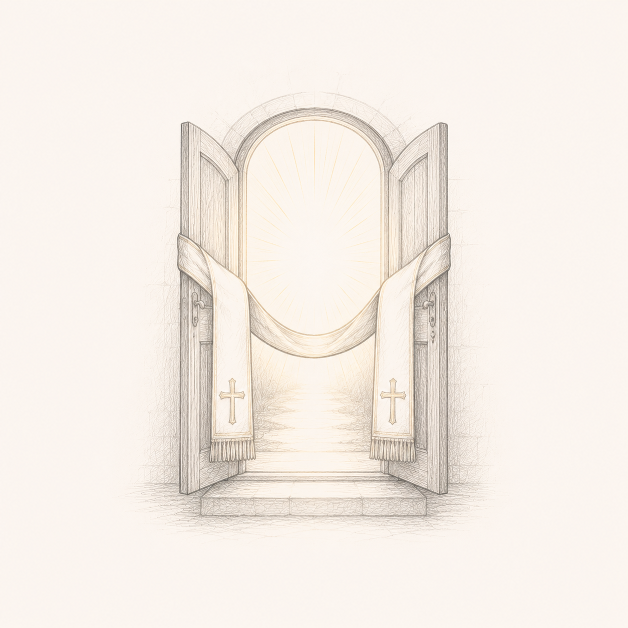 Open church doors with white cloth decorated with crosses hanging in the doorway, revealing a bright light and pathway beyond.