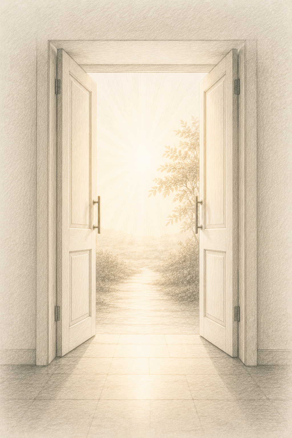 Open double doors leading to a bright outdoor scene with a river, trees, and sunlight.