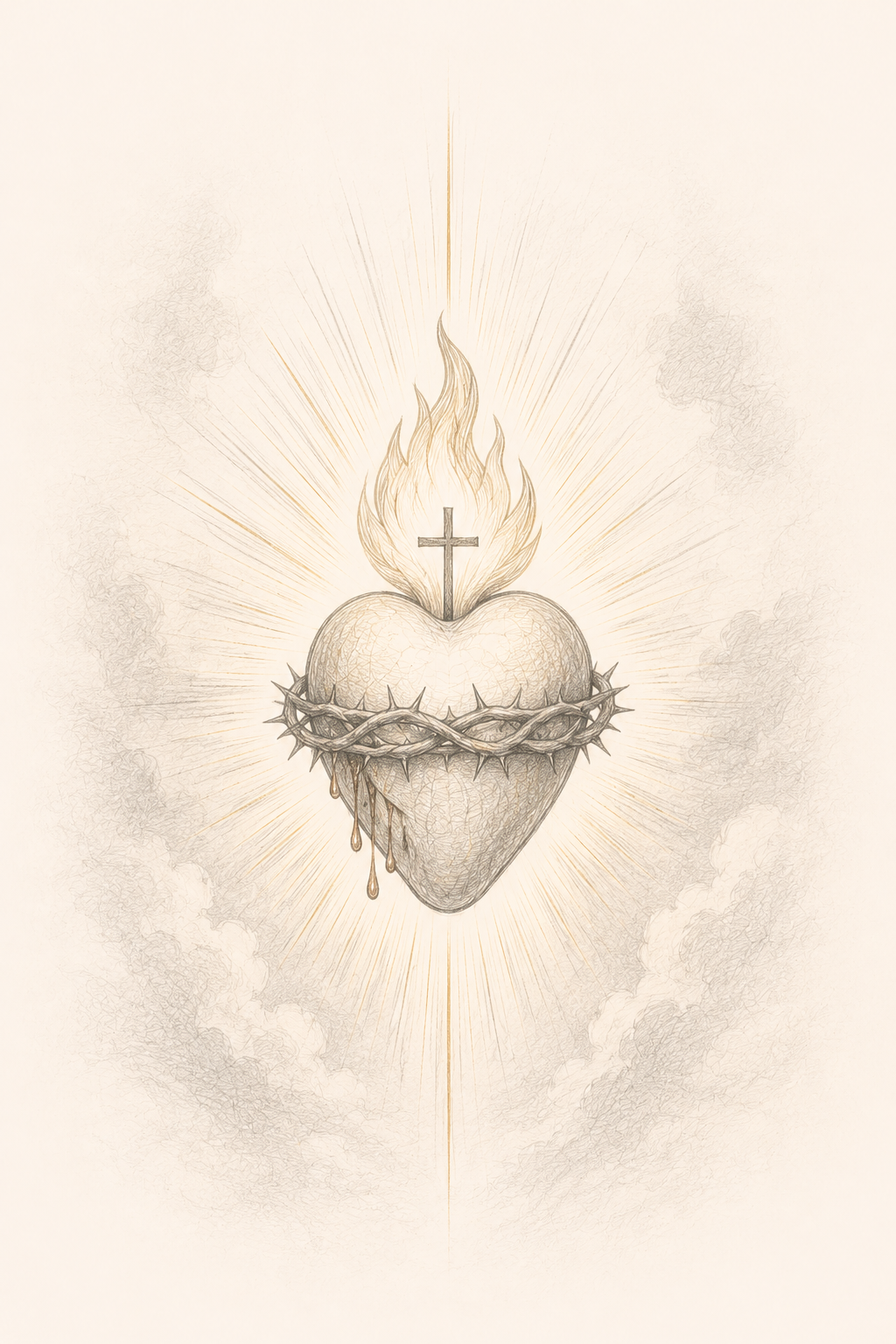 A tattoo-style illustration of a heart with a crown of thorns, a cross on top, flames above, and tears dripping down, surrounded by clouds and radiating lines.