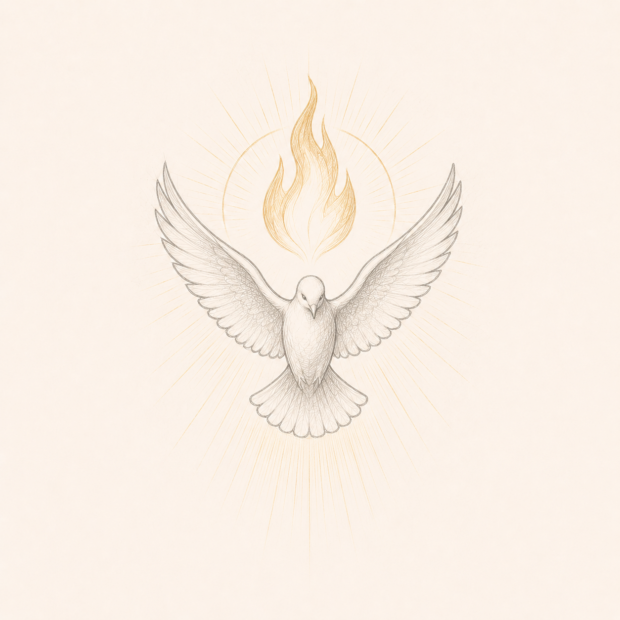 A sketch of a dove with wings spread wide, with a flame and radiant lines above it.