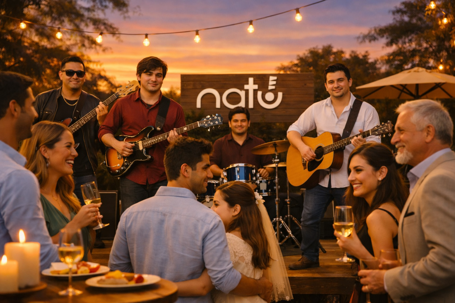 Grupo de personas en una fiesta al atardecer con banda musical en vivo, luces colgantes y un cartel que dice "nato"