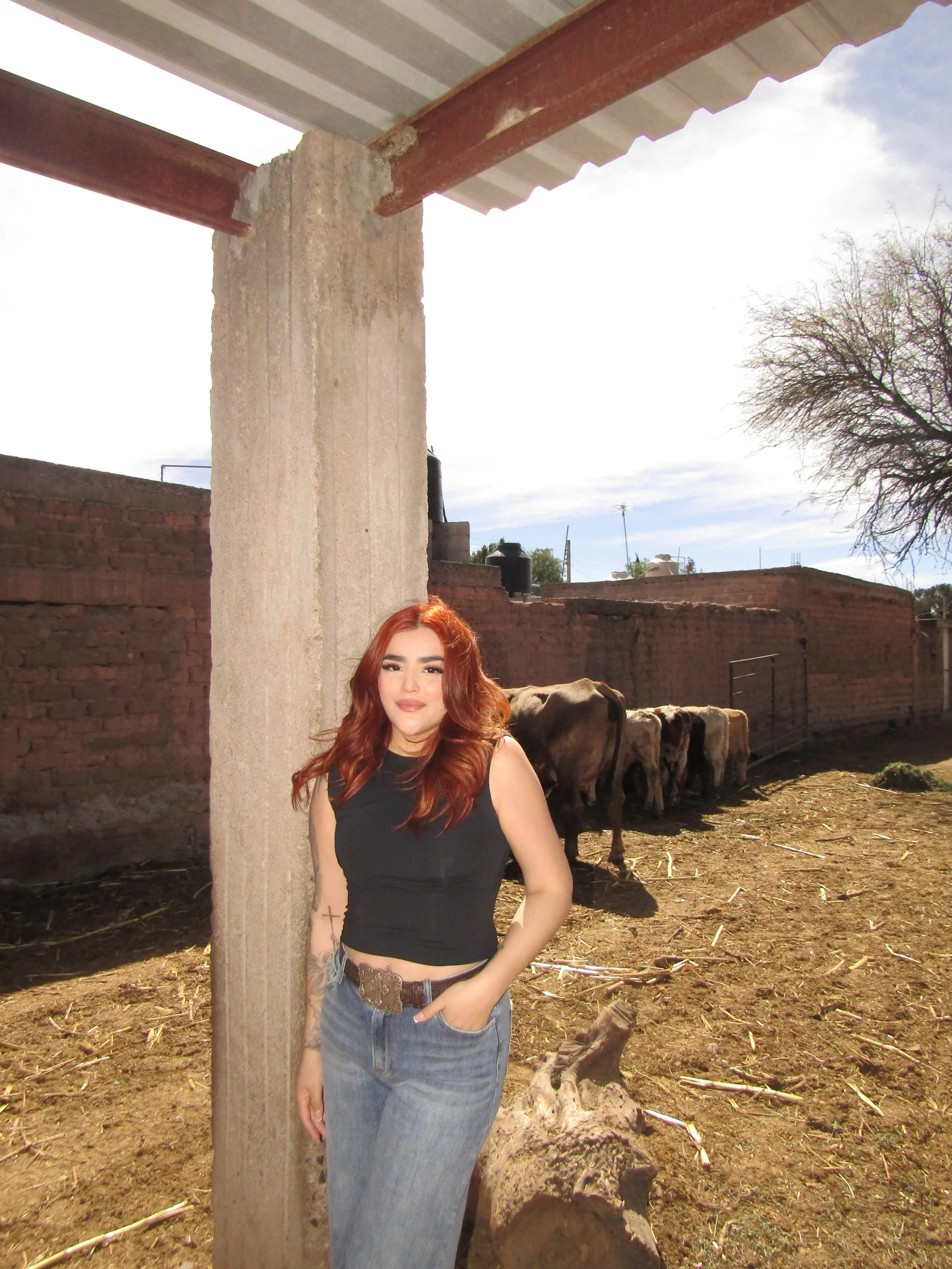 A woman with red hair, wearing a black sleeveless top and blue jeans, standing outdoors next to a concrete pillar in a farm setting with cattle in the background.