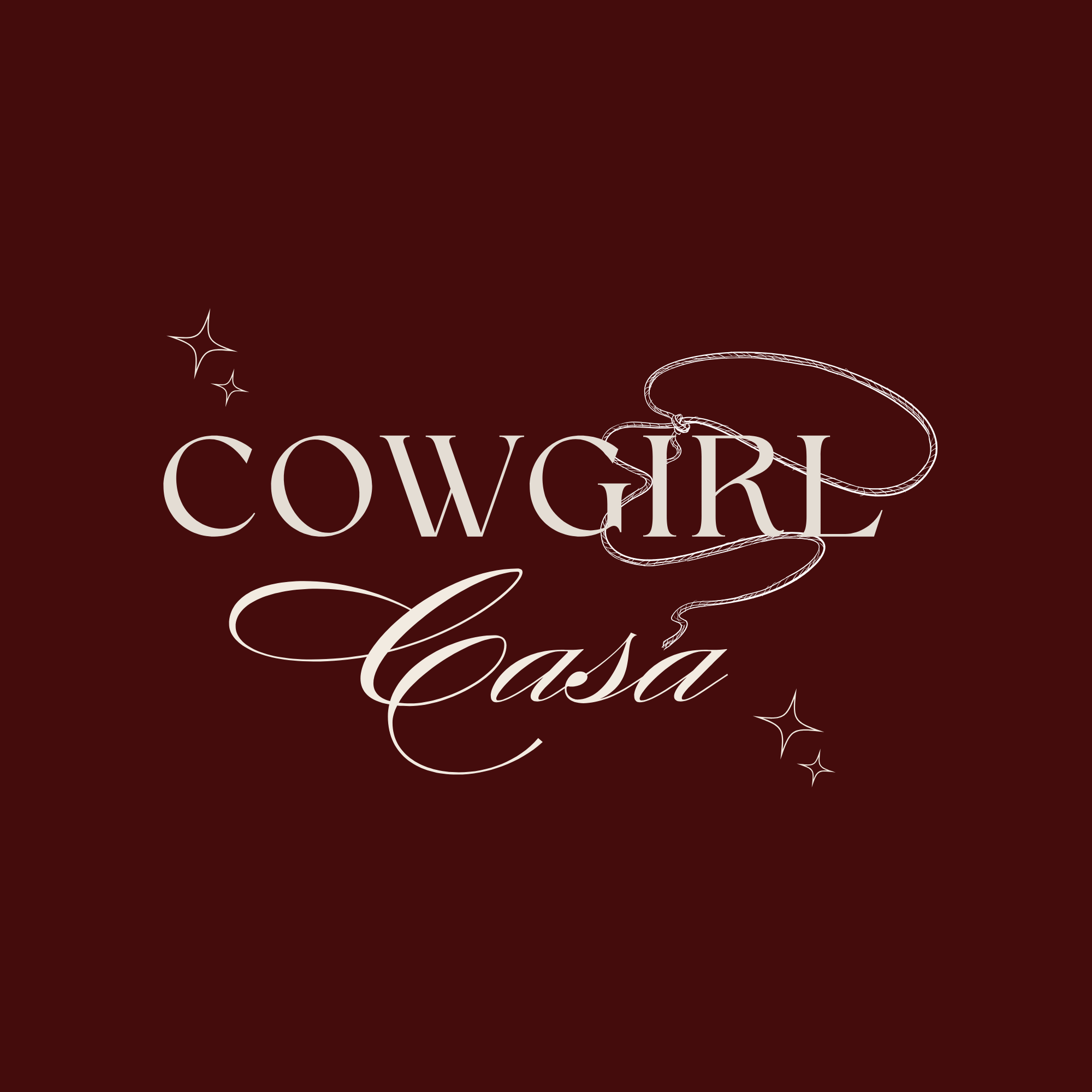 Logo with the text 'Cowgirl Casa' on a dark red background, featuring a lasso looping around the letter 'I' in 'Cowgirl' and small stars.