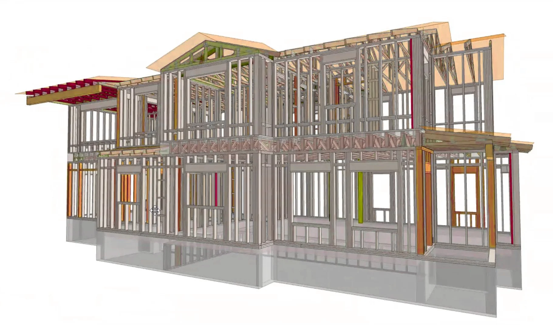 3D rendering of a multi-story house under construction, showing the wooden framing and structural elements.