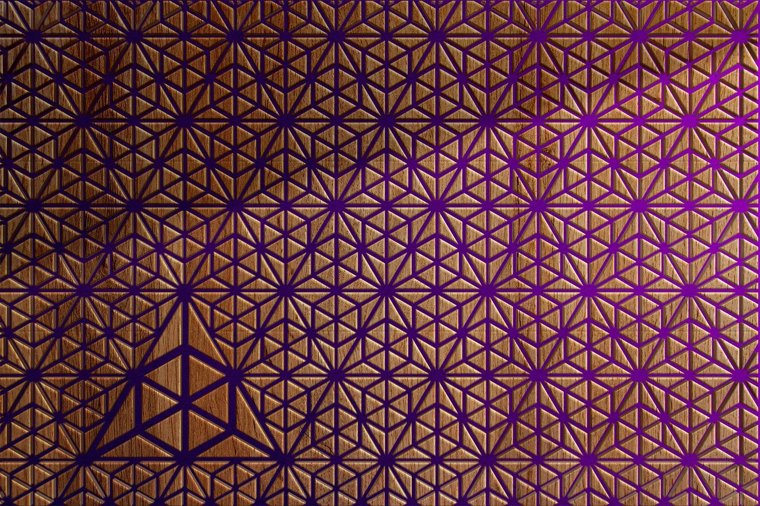 A decorative wall panel with a geometric pattern of interlocking hexagons and stars, featuring a wood grain background with purple outlines.