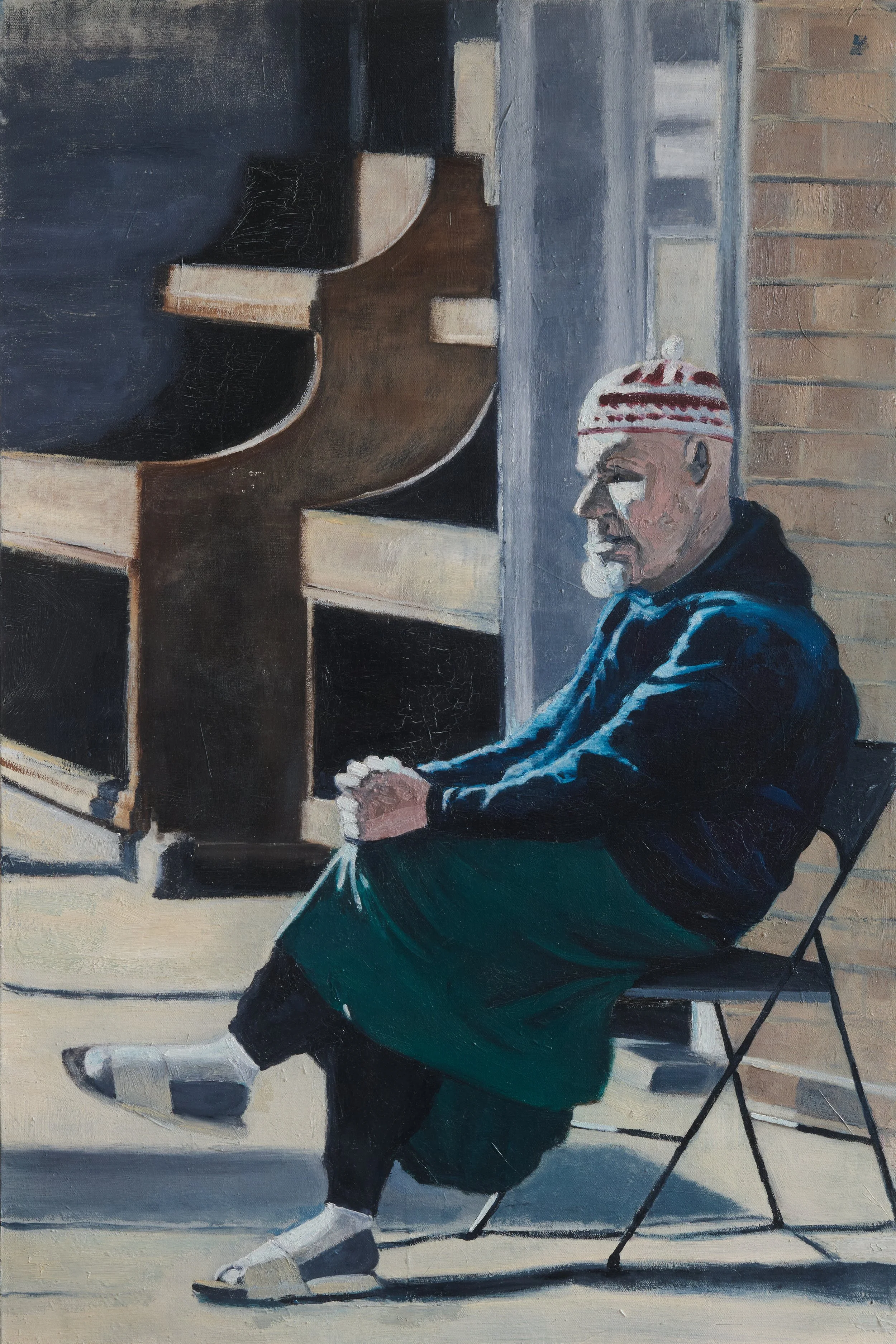 Man sitting in front of the Mosque on Fulton St -  2024, 24 x 36 Oil on canvas