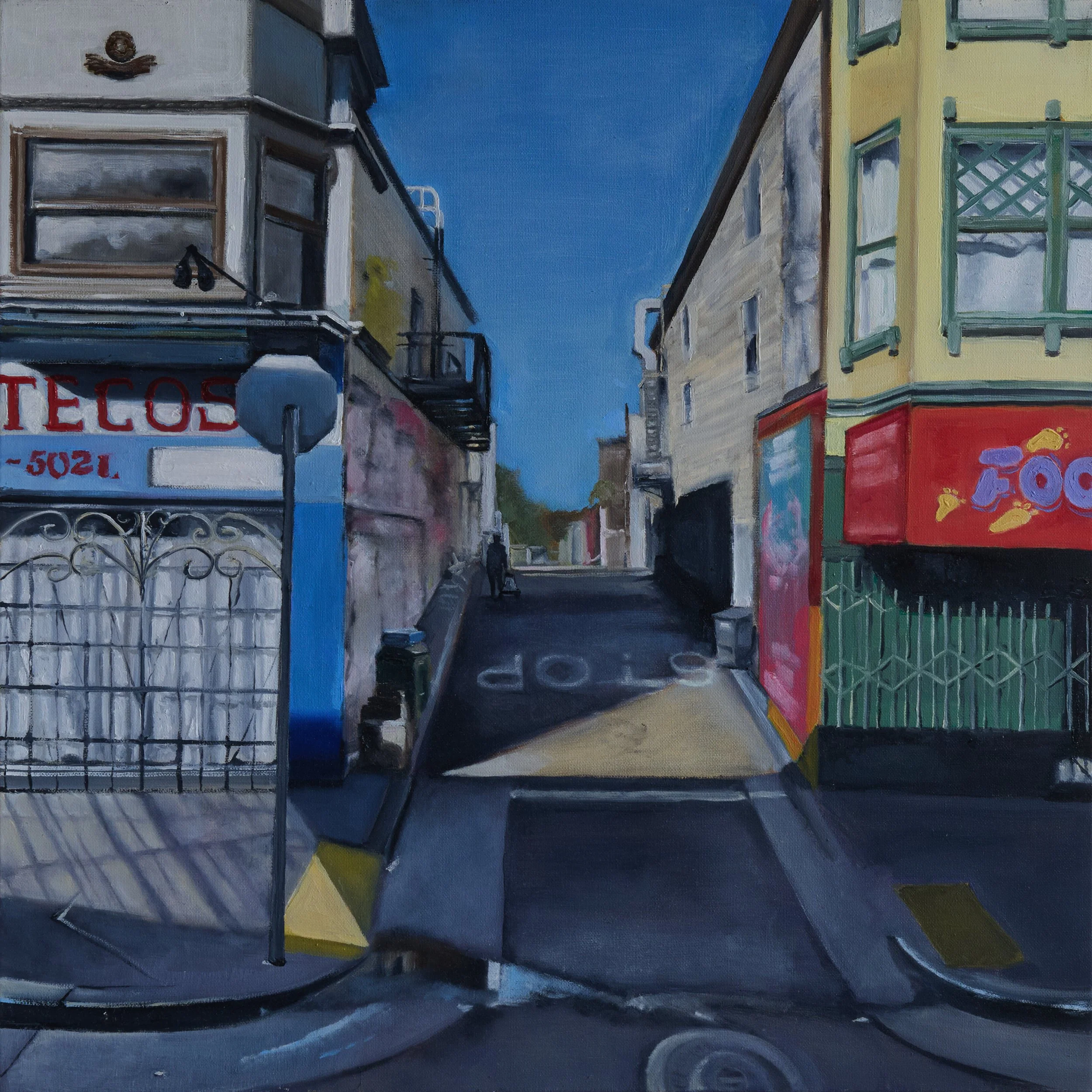 A woman returning home from the market in The Mission - 2025, 24 x 24 Oil on canvas