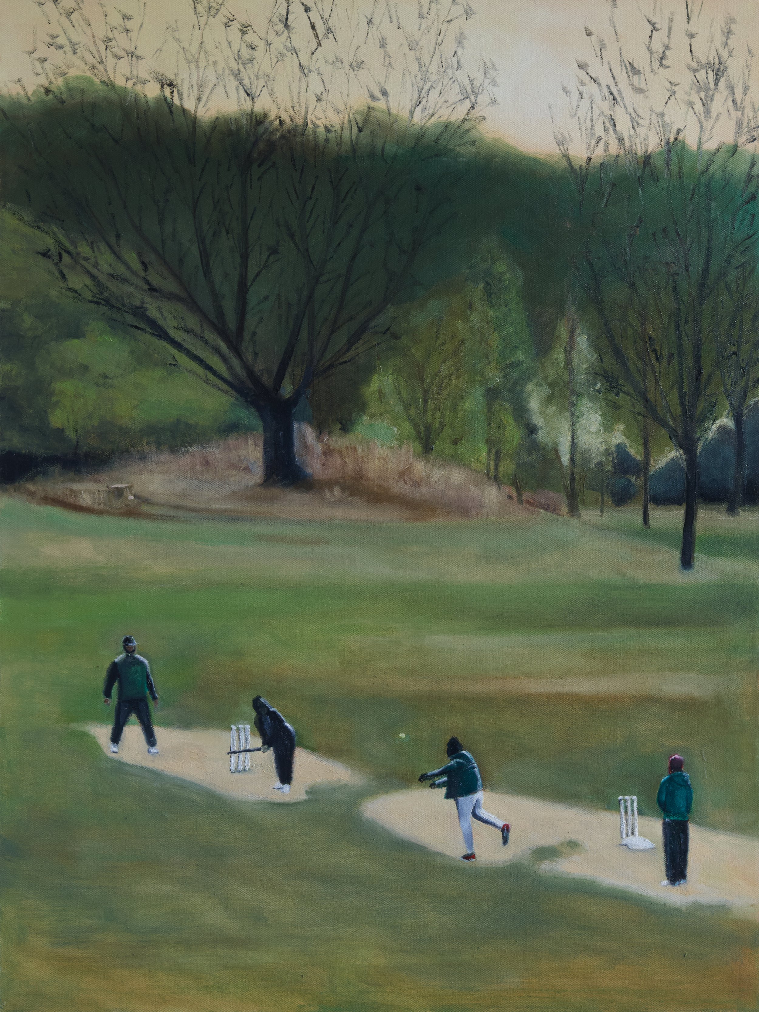 Cricket in Prospect Park on a winter’s day - 2024, 30 x 40 Oil on canvas
