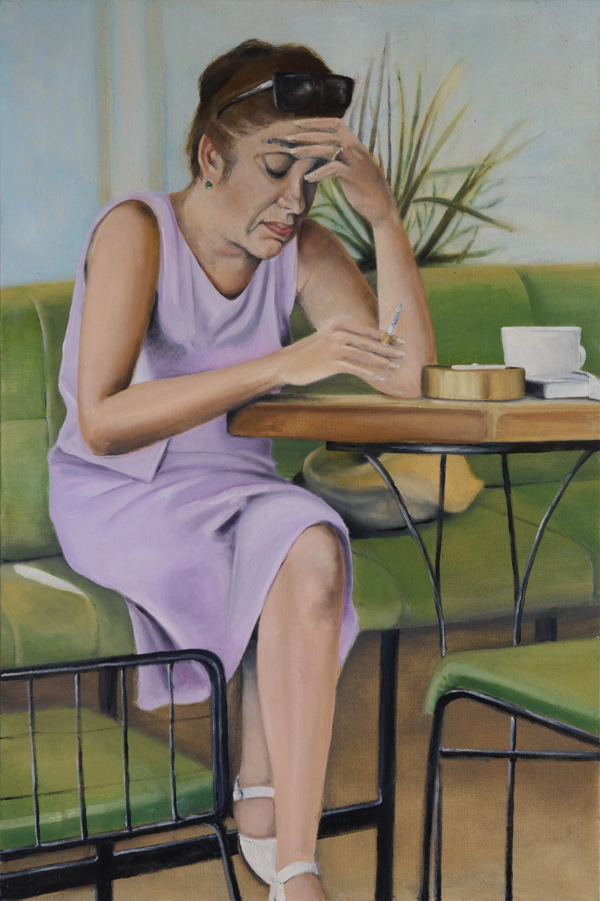 Chain smoking woman in Tirana - 2024, 36 x 24 Oil on canvas