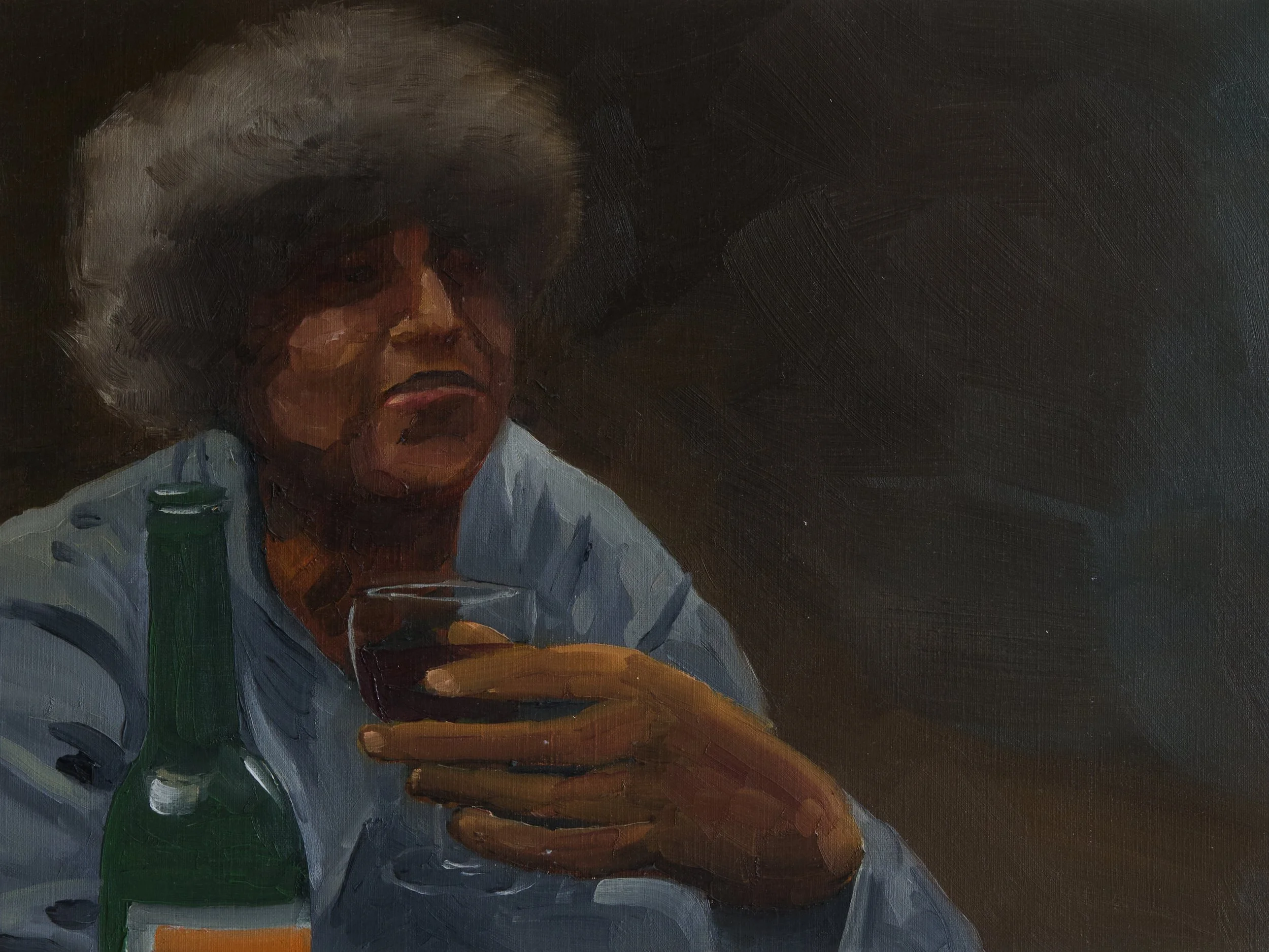 Self portrait drinking cheap wine in Oviso with a fur hat on - 2022, 12 x 16 Oil on paper