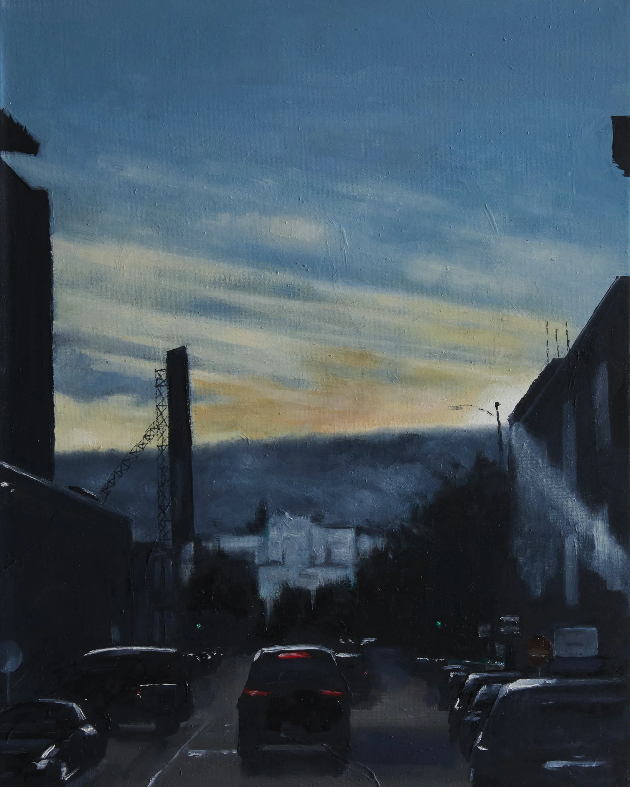 The fog rolling over the hills into the Mission. Don’t ever leave the house without a hoodie - 2025, 16 x 20 Oil on canvas