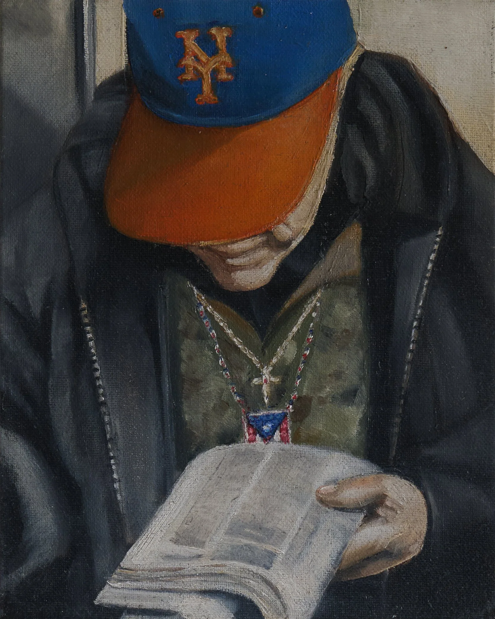 Old swagster on the 7 train - 2025, 8 x 10 Oil on canvas